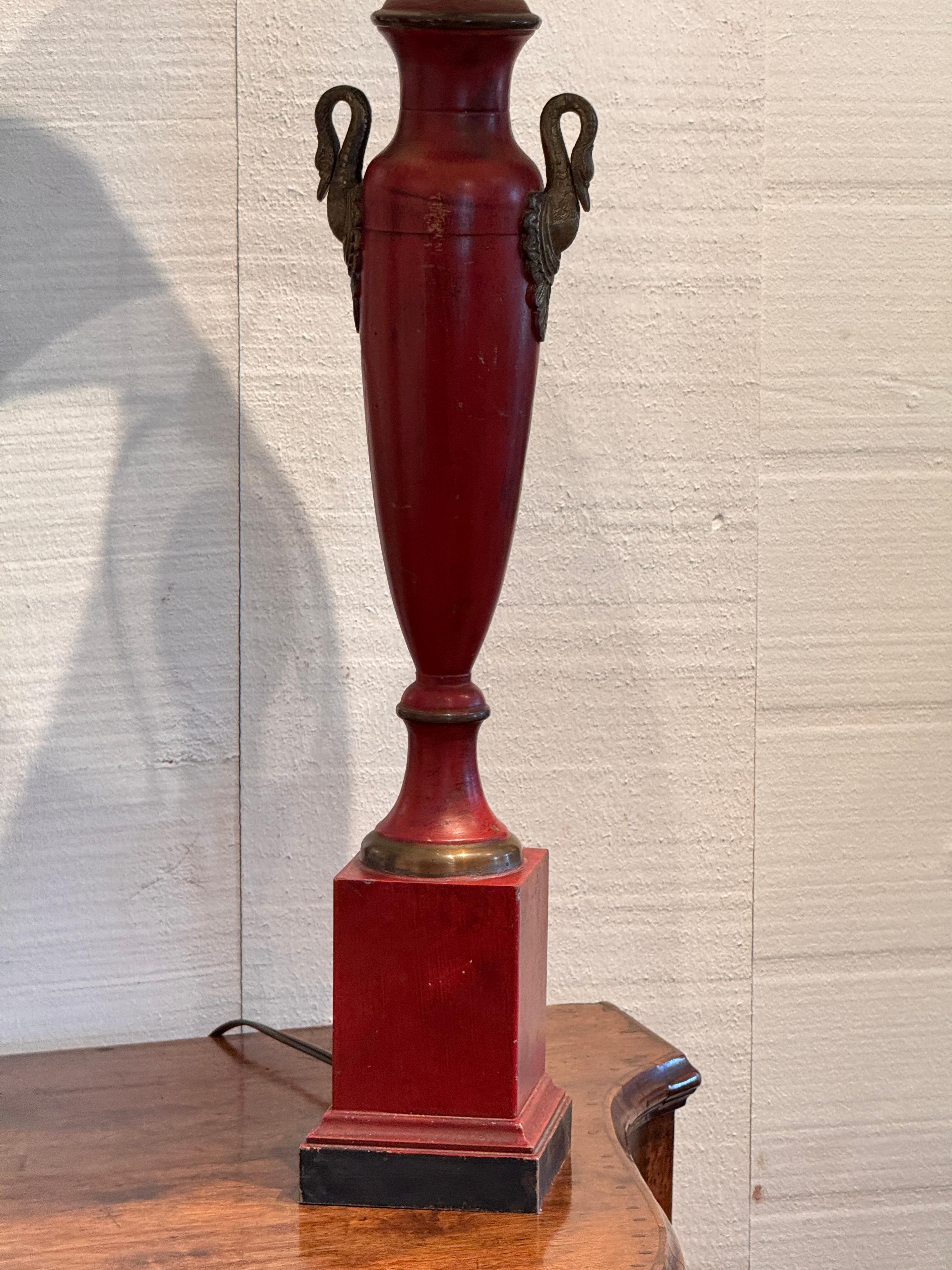 Empire Style Red Tole Lamp With Swan Handles In Good Condition For Sale In Charlottesville, VA