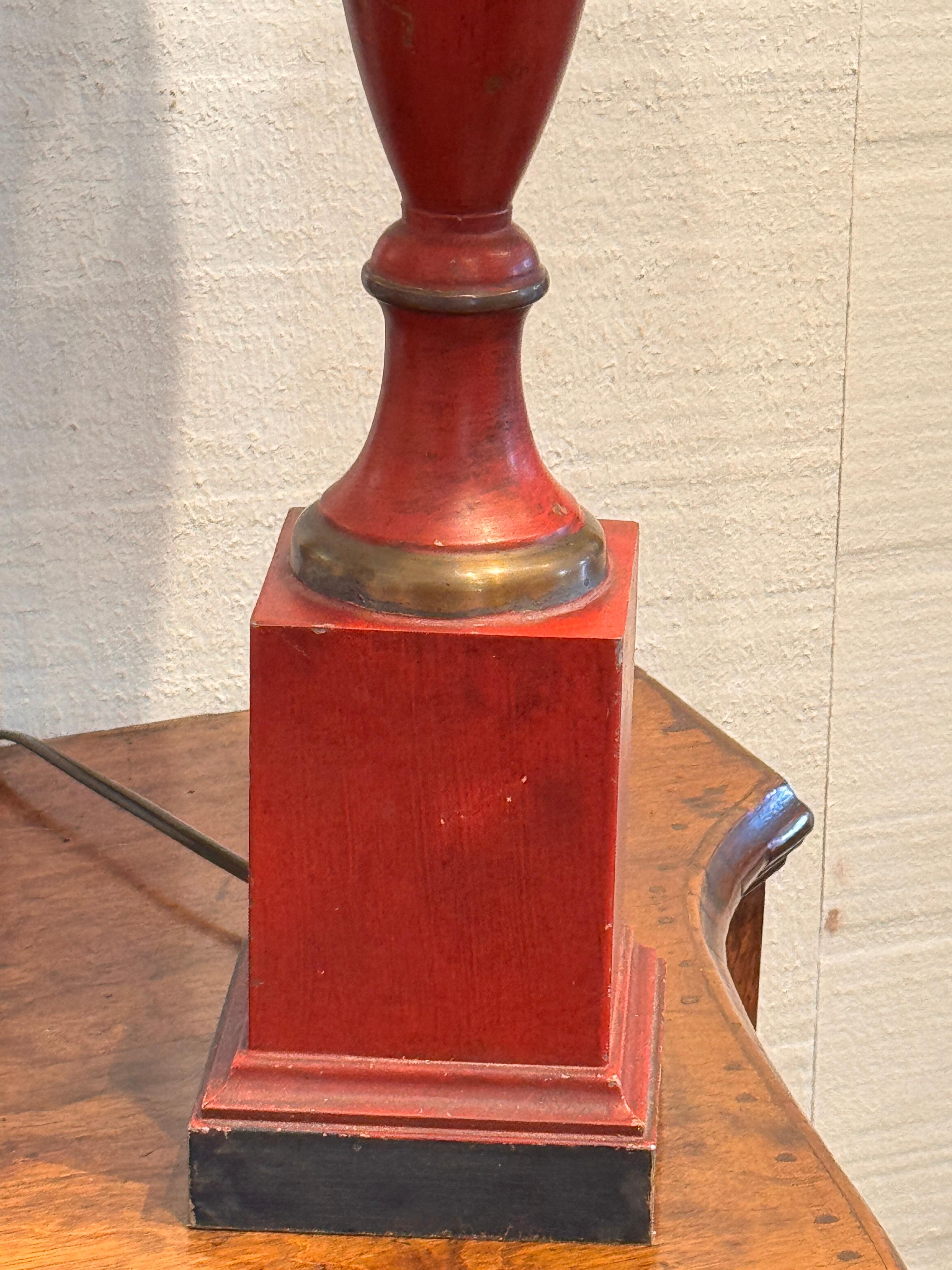 Mid-20th Century Empire Style Red Tole Lamp With Swan Handles For Sale