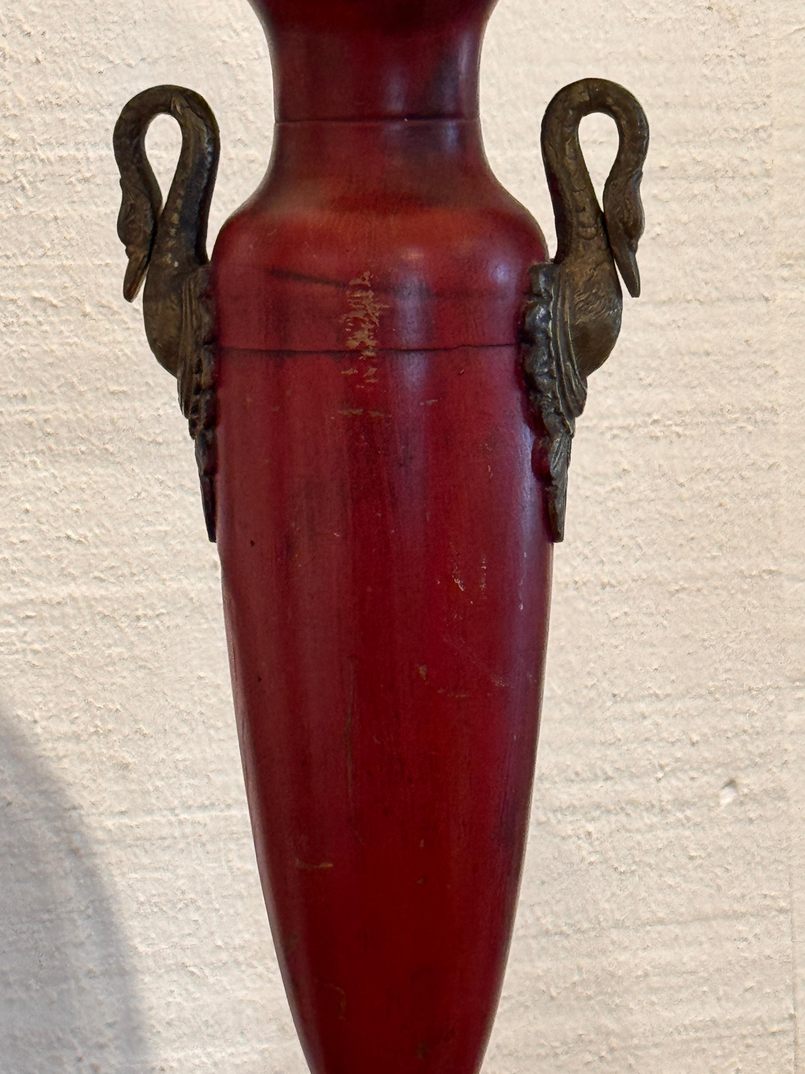 Metal Empire Style Red Tole Lamp With Swan Handles For Sale