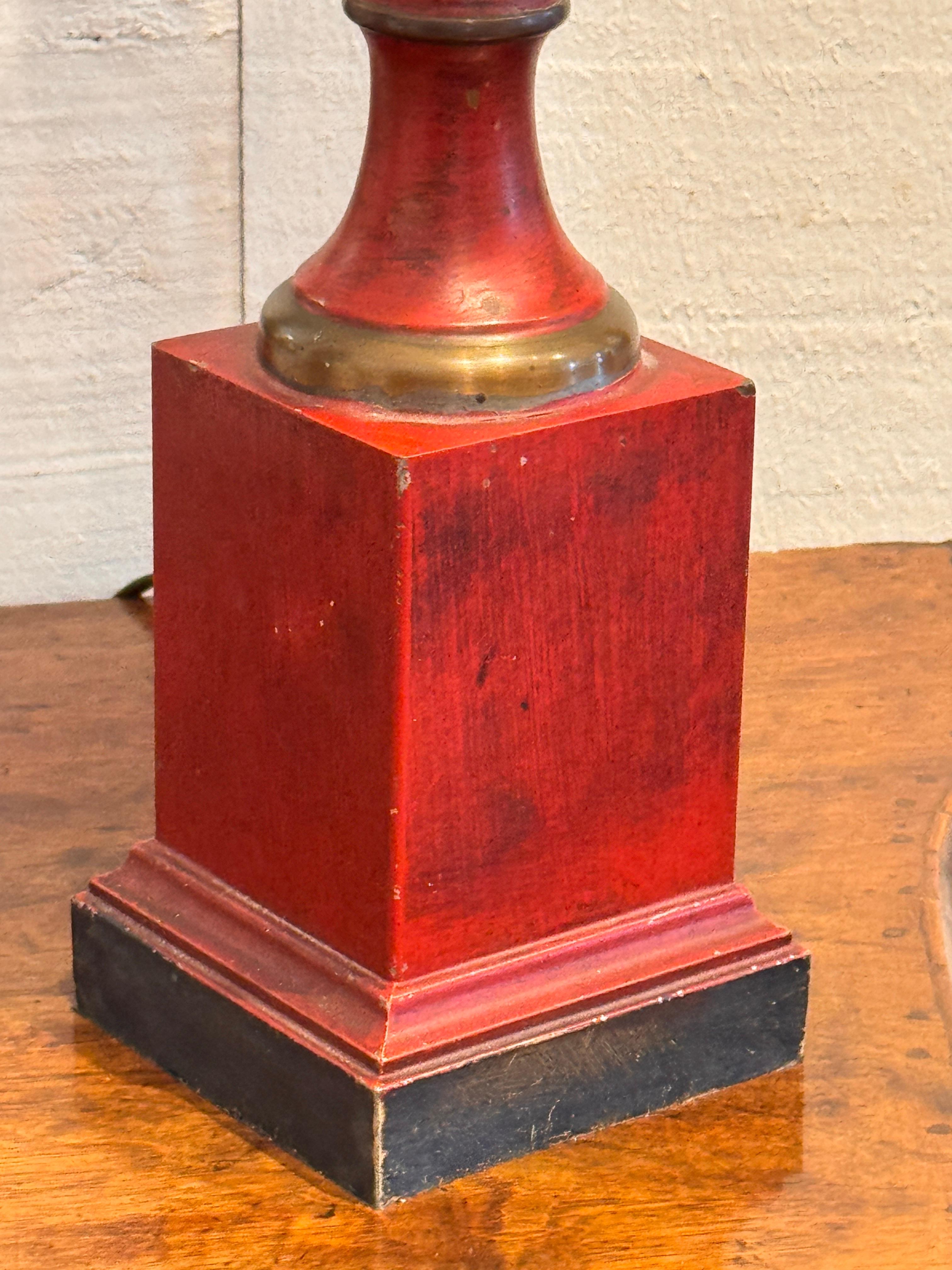 Empire Style Red Tole Lamp With Swan Handles For Sale 1