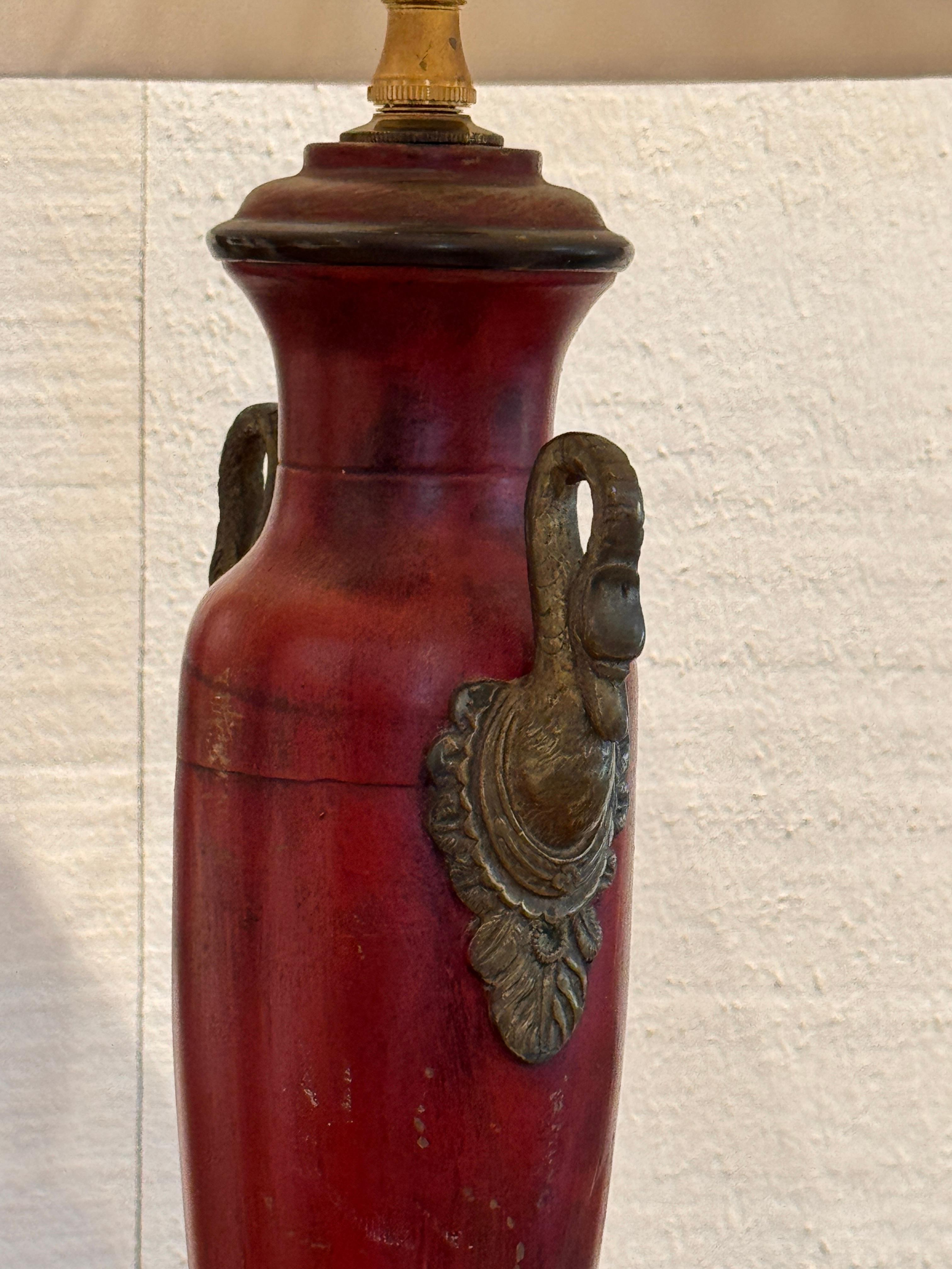 Empire Style Red Tole Lamp With Swan Handles For Sale 2