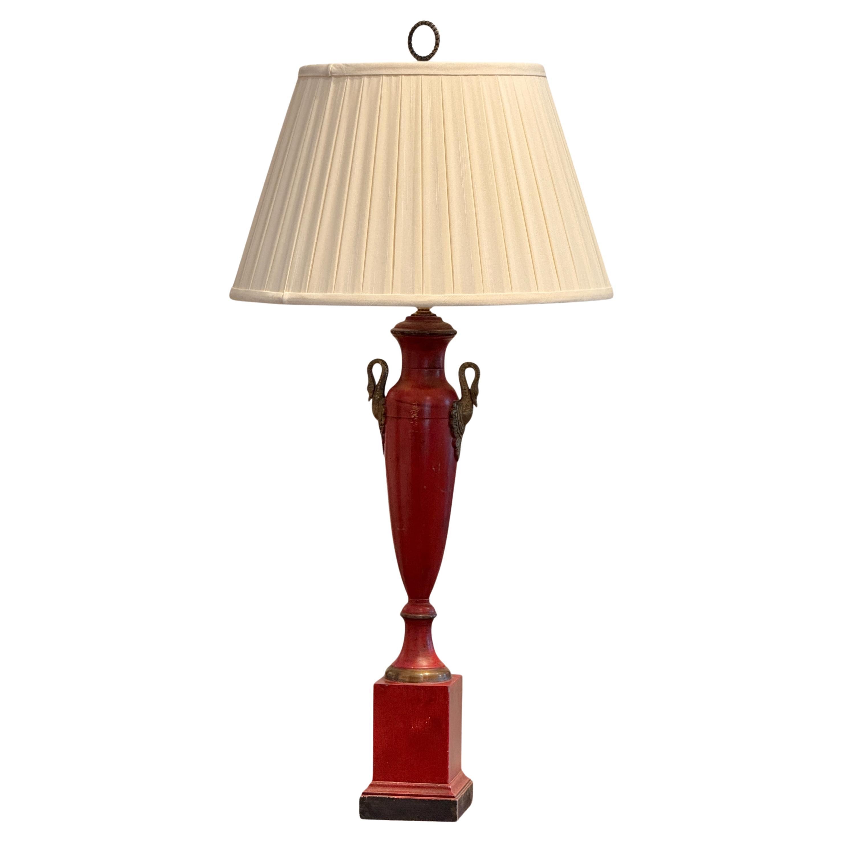 Empire Style Red Tole Lamp With Swan Handles For Sale