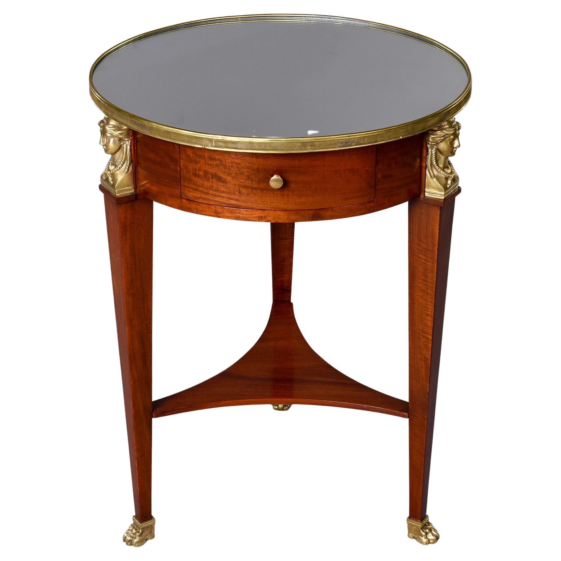 Empire Style Round Side Table with Mirrored Top and Brass Mounts