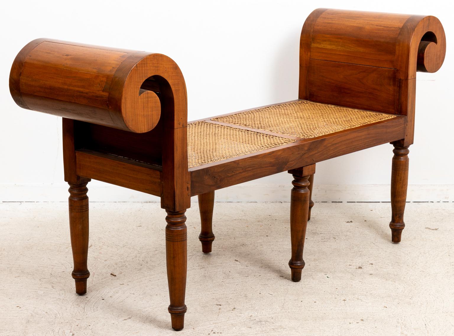 Empire Style Scrolled Arm Bench with Caned Seat 1