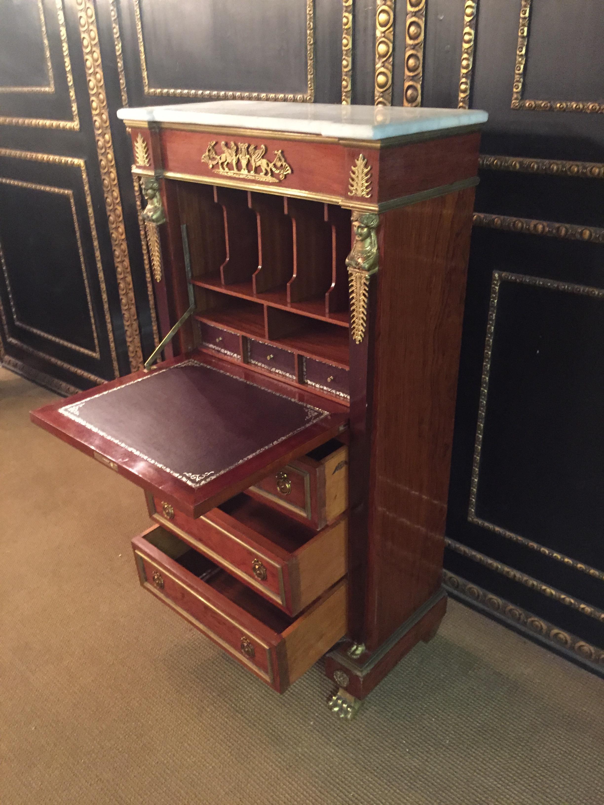Antique Empire Style Secretary with Brass and Marble Top mahogany veneer For Sale 3