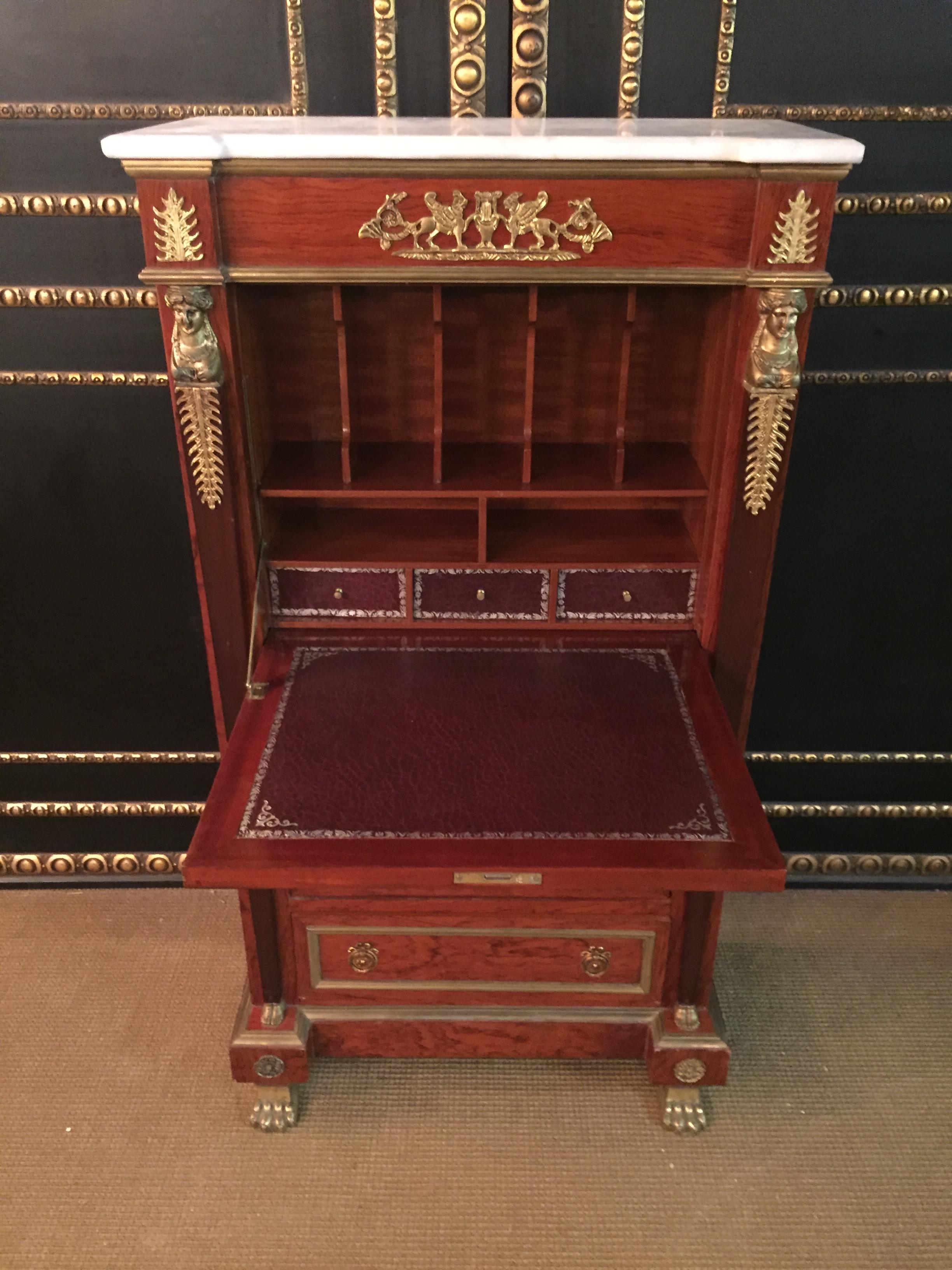 Antique Empire Style Secretary with Brass and Marble Top mahogany veneer For Sale 6