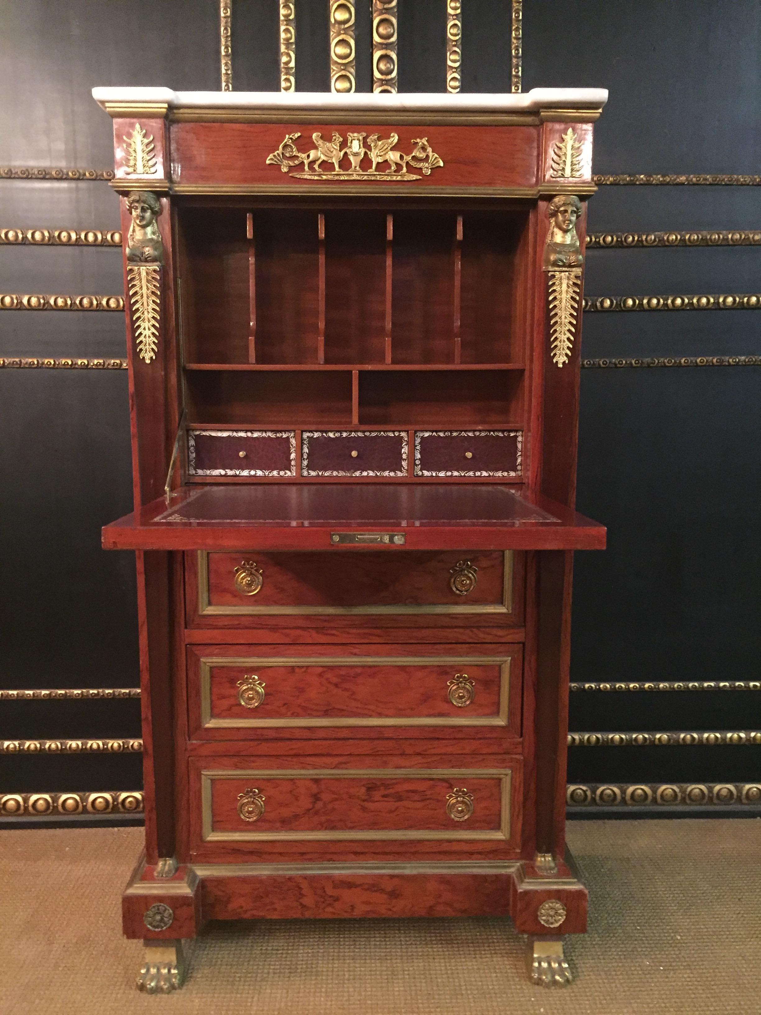 Antique Empire Style Secretary with Brass and Marble Top mahogany veneer For Sale 7