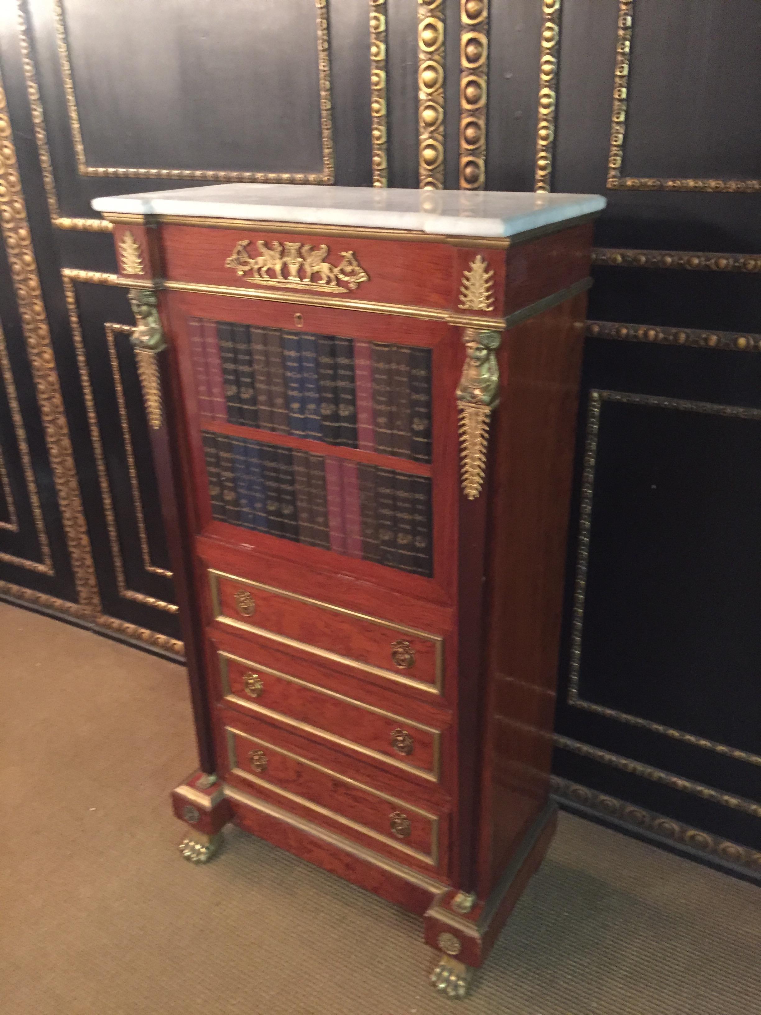 French Antique Empire Style Secretary with Brass and Marble Top mahogany veneer For Sale