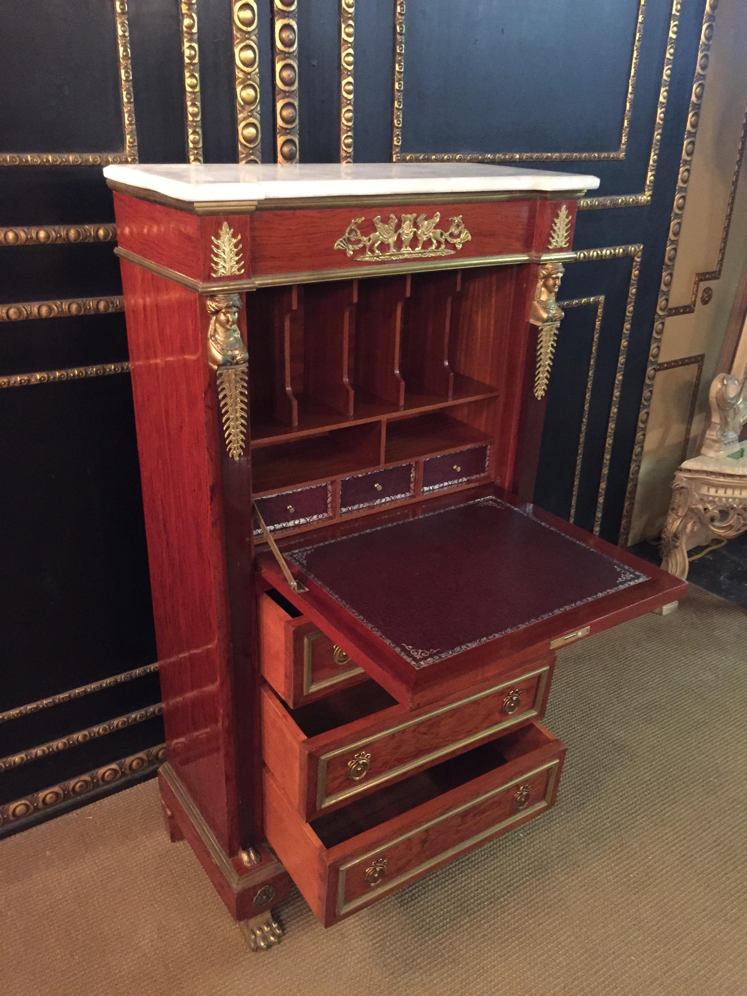 Antique Empire Style Secretary with Brass and Marble Top mahogany veneer For Sale 1