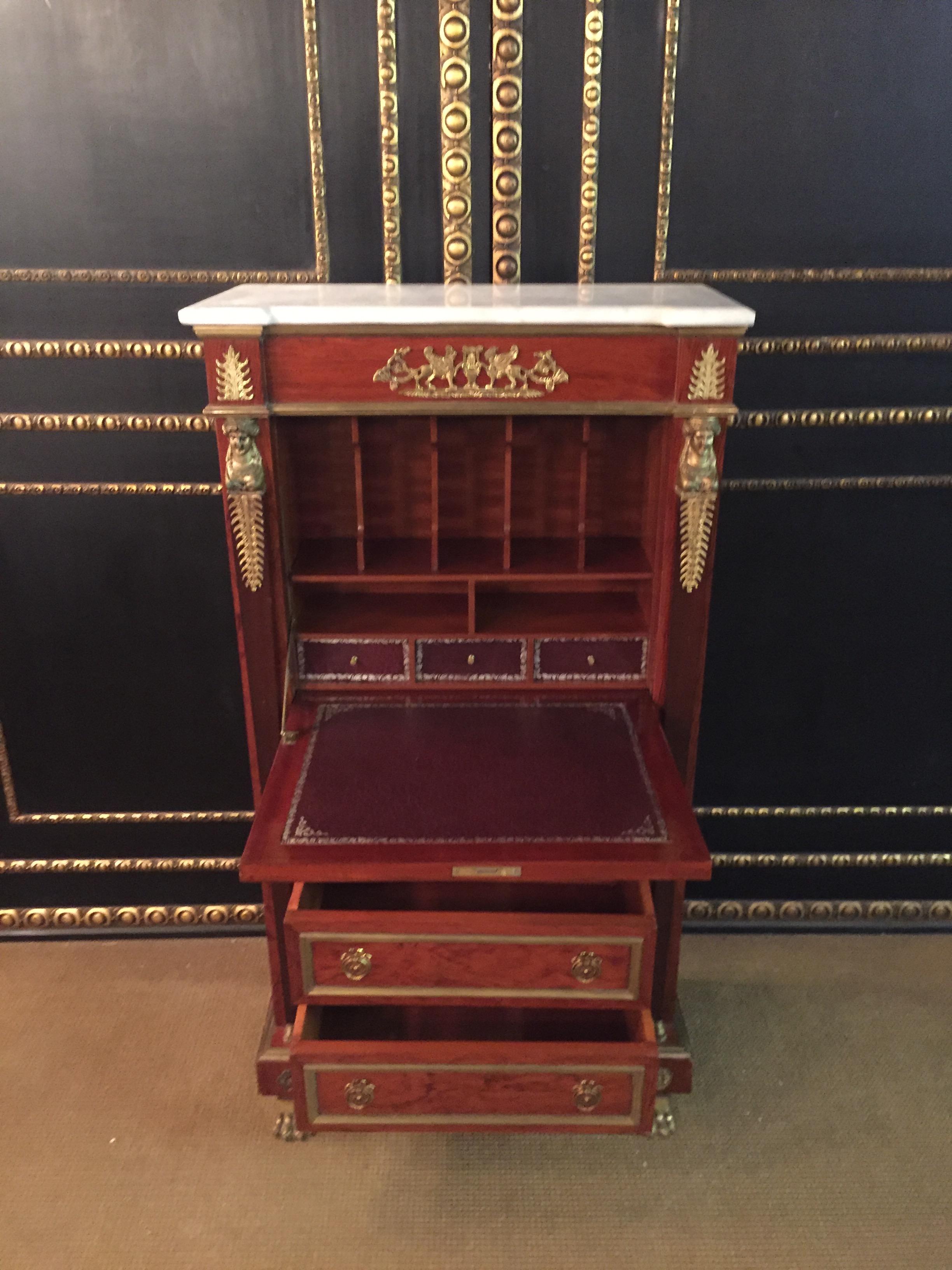 Antique Empire Style Secretary with Brass and Marble Top mahogany veneer For Sale 2