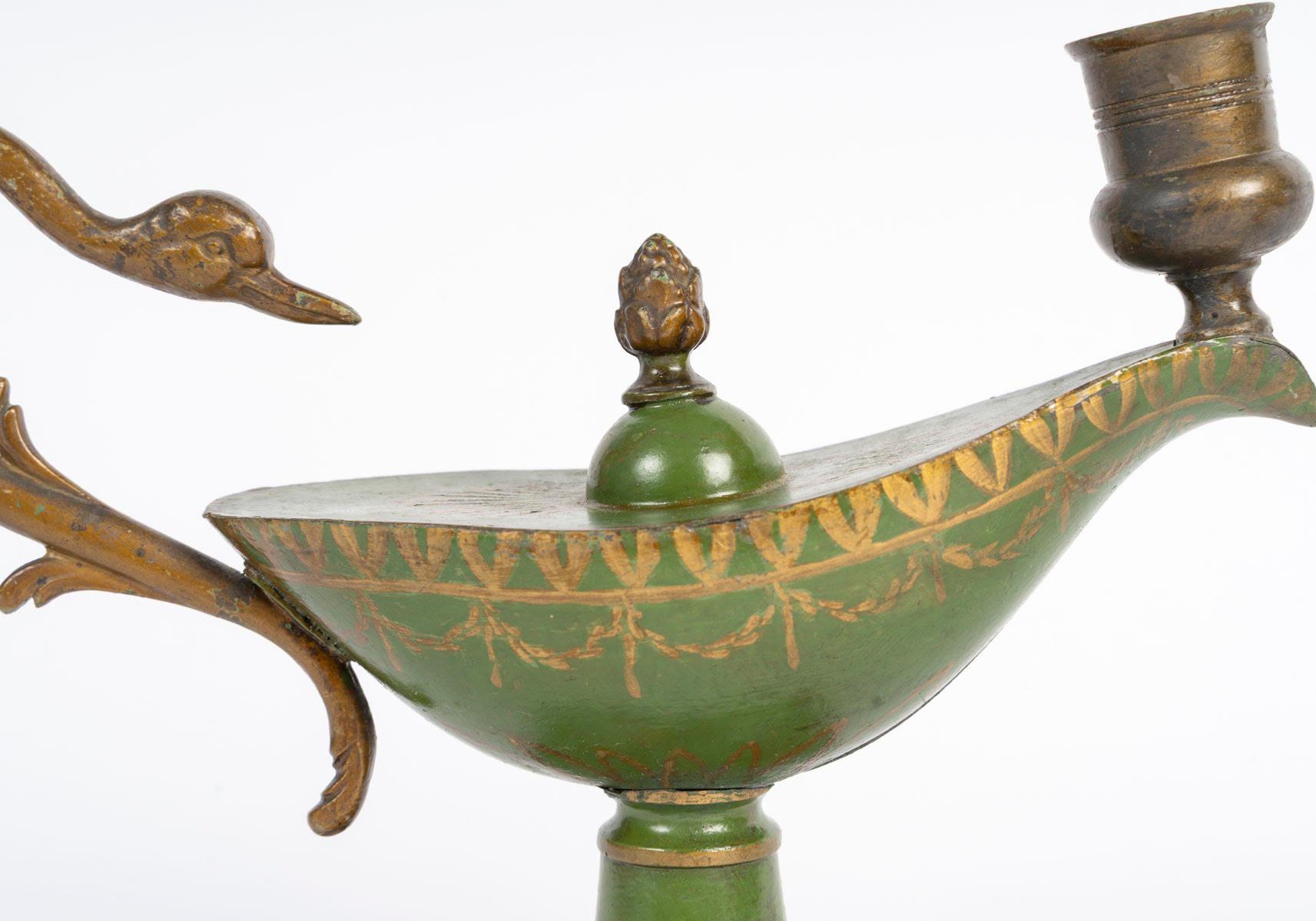 French Empire Style Set in Painted Sheet Metal, Comprising a Candlestick and a Cup. For Sale