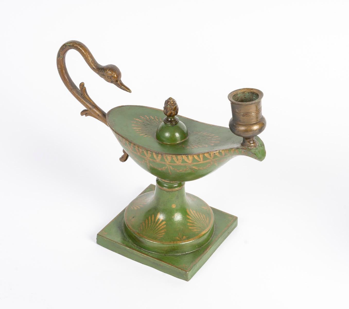 Empire Style Set in Painted Sheet Metal, Comprising a Candlestick and a Cup. In Good Condition For Sale In Saint-Ouen, FR
