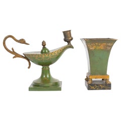 Empire Style Set in Painted Sheet Metal, Comprising a Candlestick and a Cup.