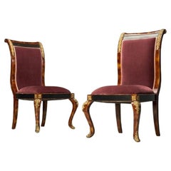Empire Style, Side Chairs, Tortoise Shell Veneer, Bronze, Velvet, 1980s
