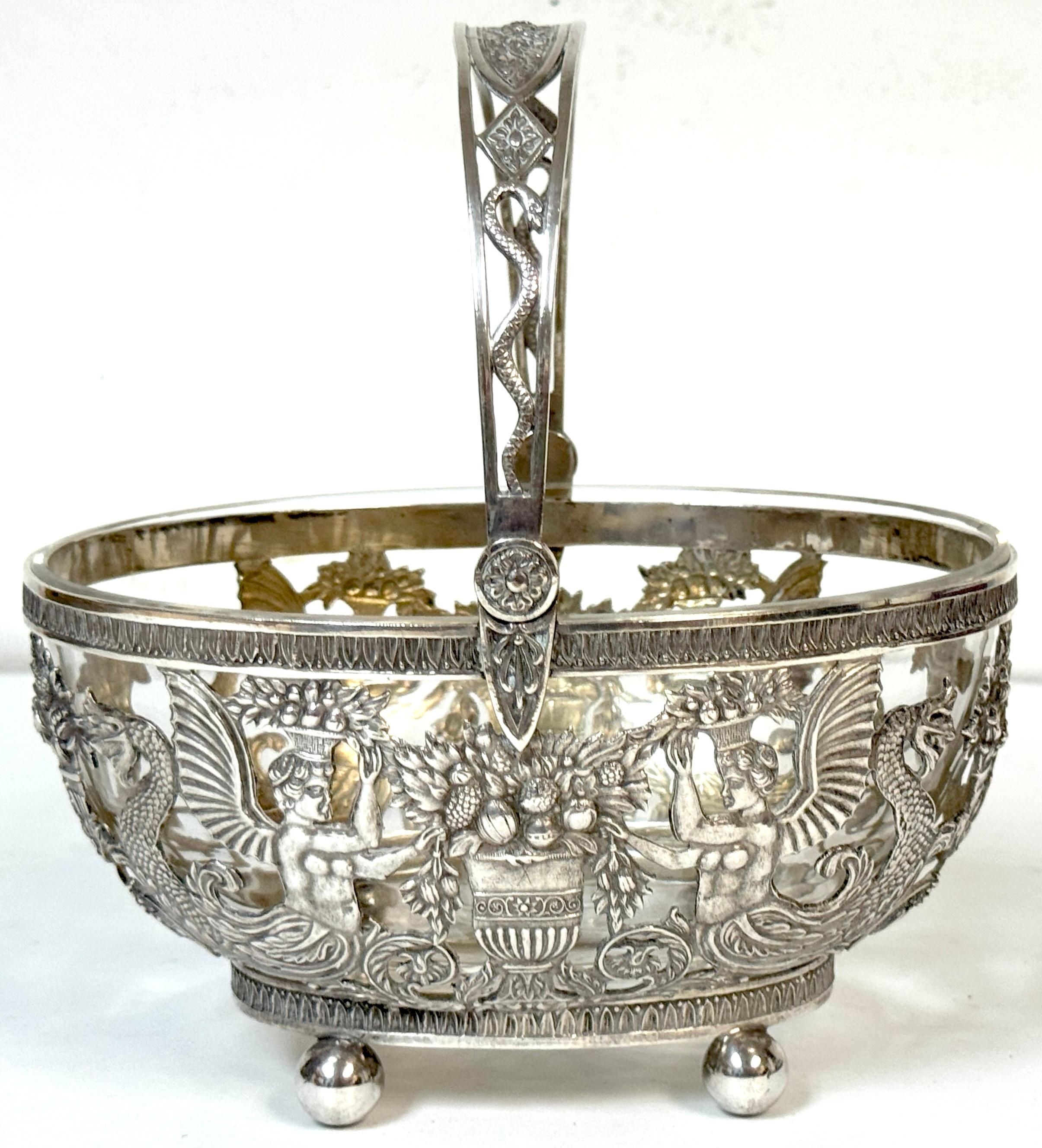 Empire Style Silver & Crystal Swing-Handle Basket with Sphinx Decoration, Continental, circa 1820–1850

Measurements: 7