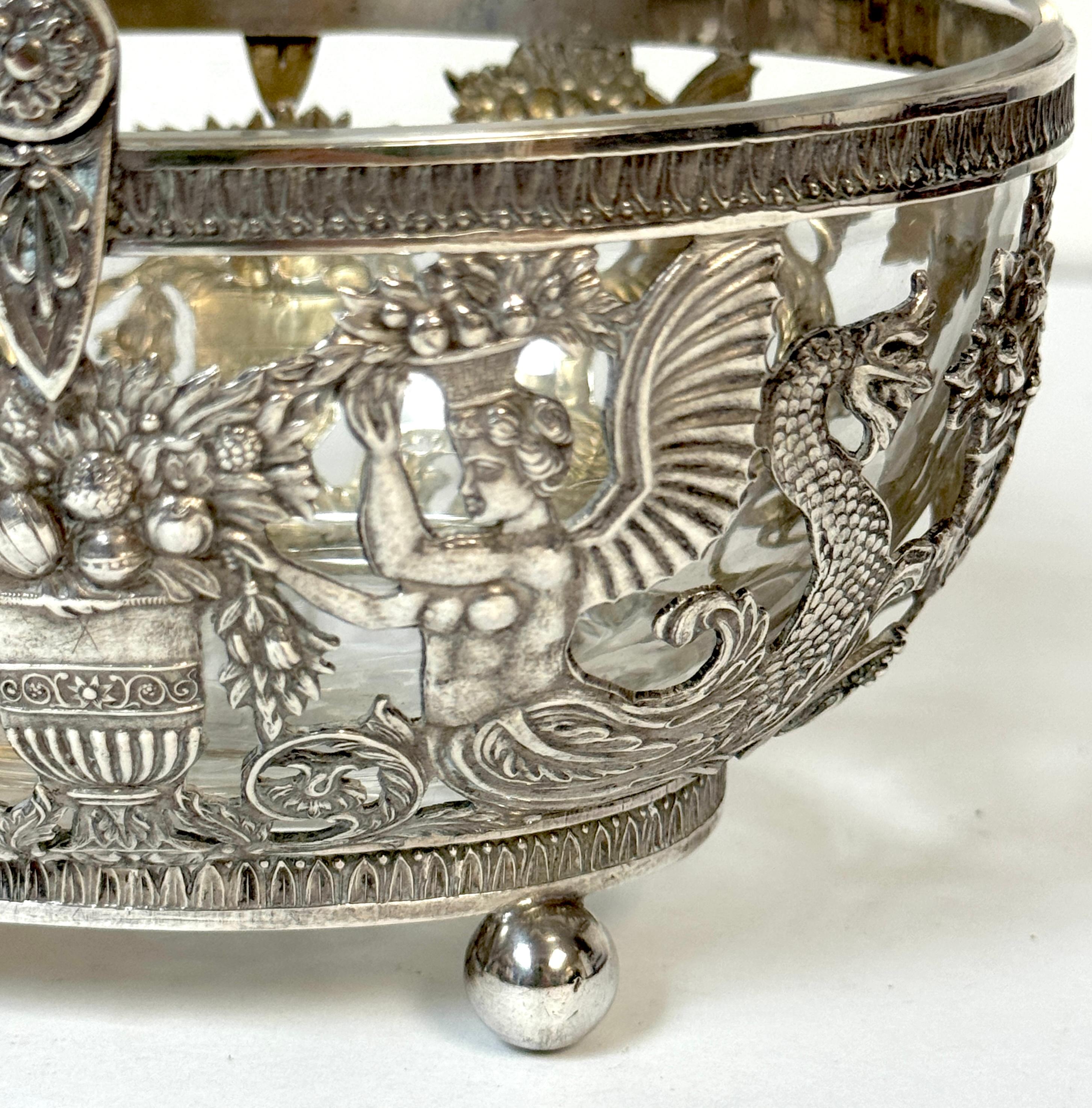 French Empire Style Silver & Crystal Swing-Handle Basket /Sphinx Decoration, C. 1820 For Sale