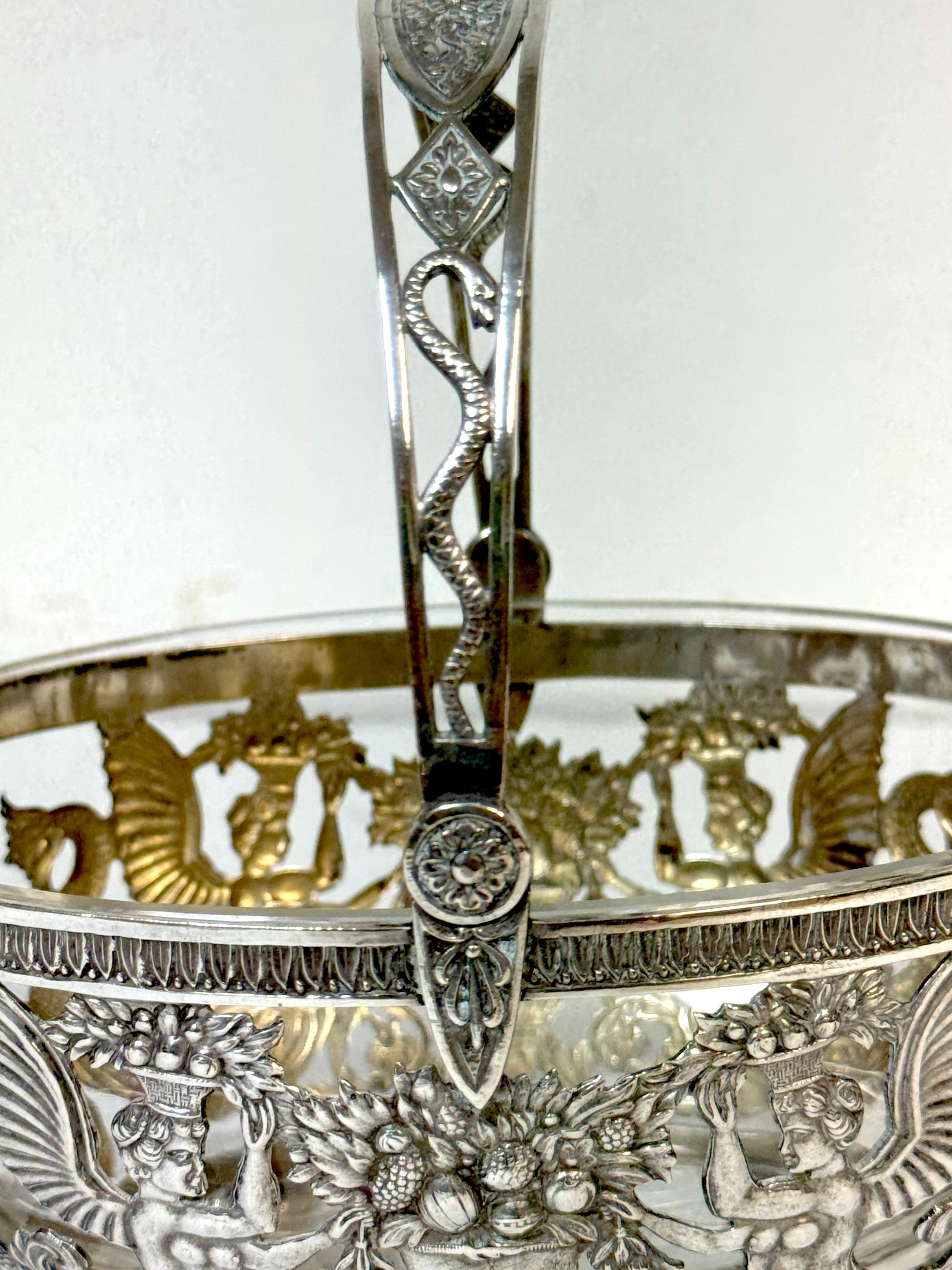 Cast Empire Style Silver & Crystal Swing-Handle Basket /Sphinx Decoration, C. 1820 For Sale