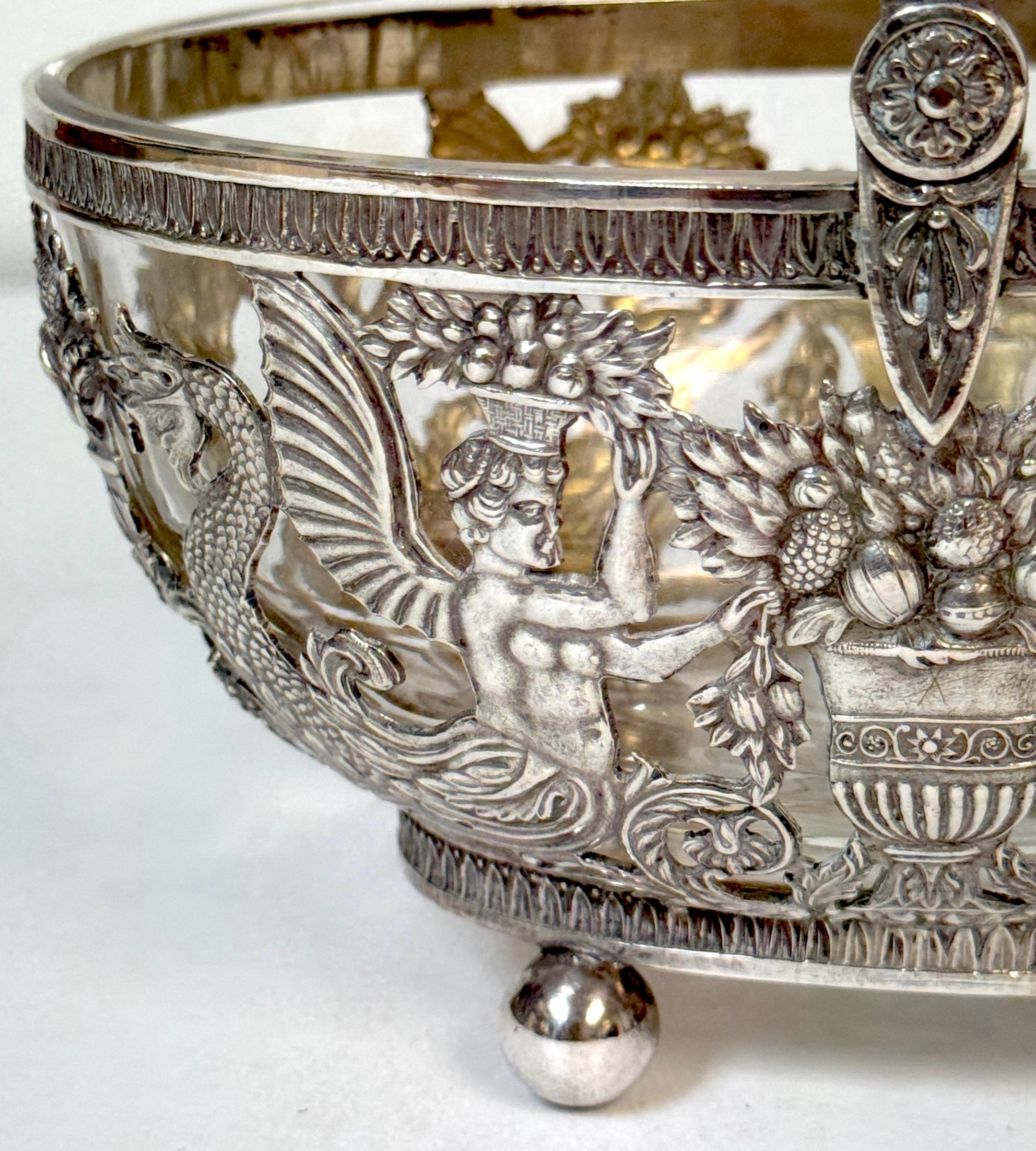 Empire Style Silver & Crystal Swing-Handle Basket /Sphinx Decoration, C. 1820 In Good Condition For Sale In West Palm Beach, FL