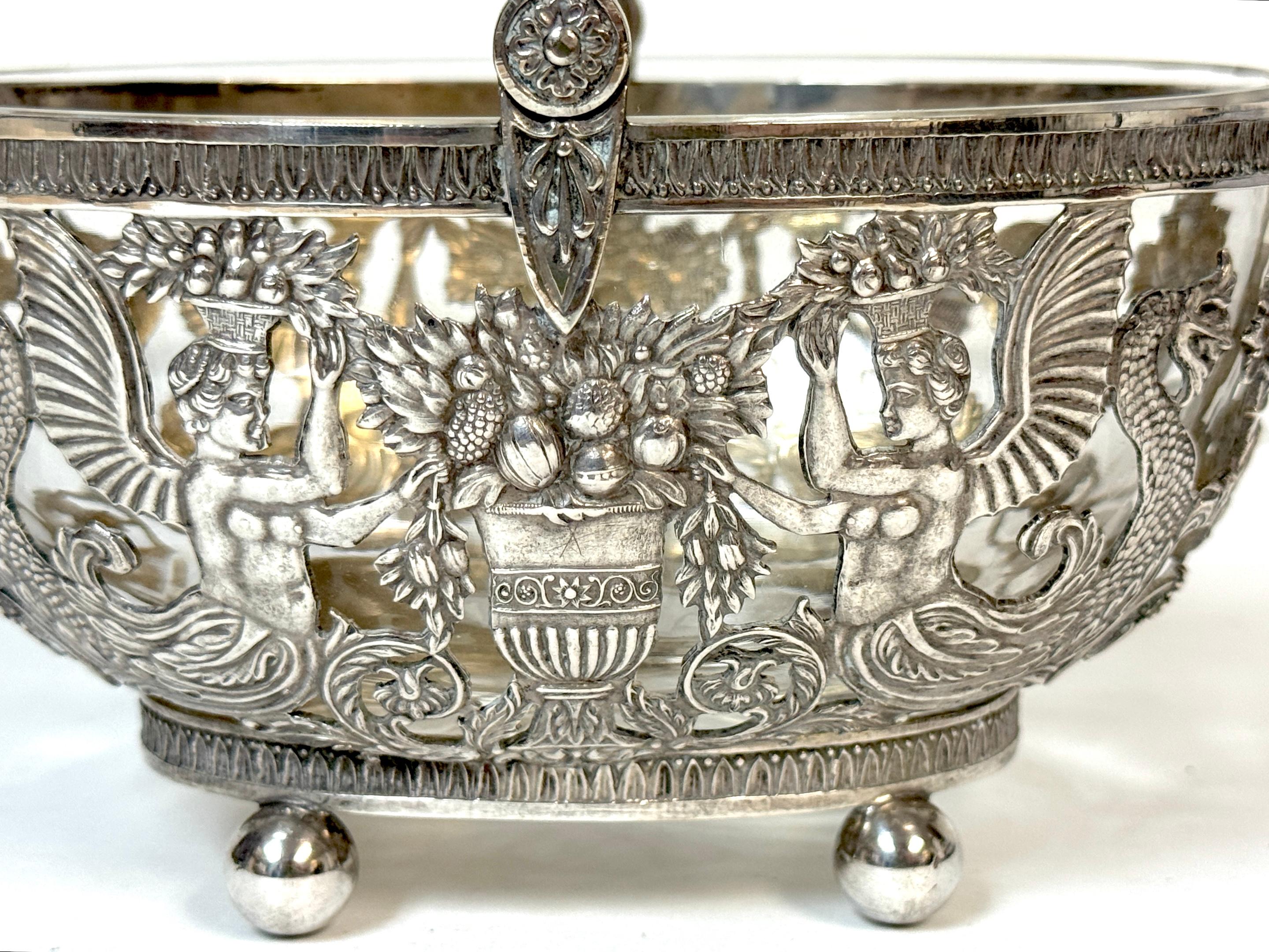19th Century Empire Style Silver & Crystal Swing-Handle Basket /Sphinx Decoration, C. 1820 For Sale