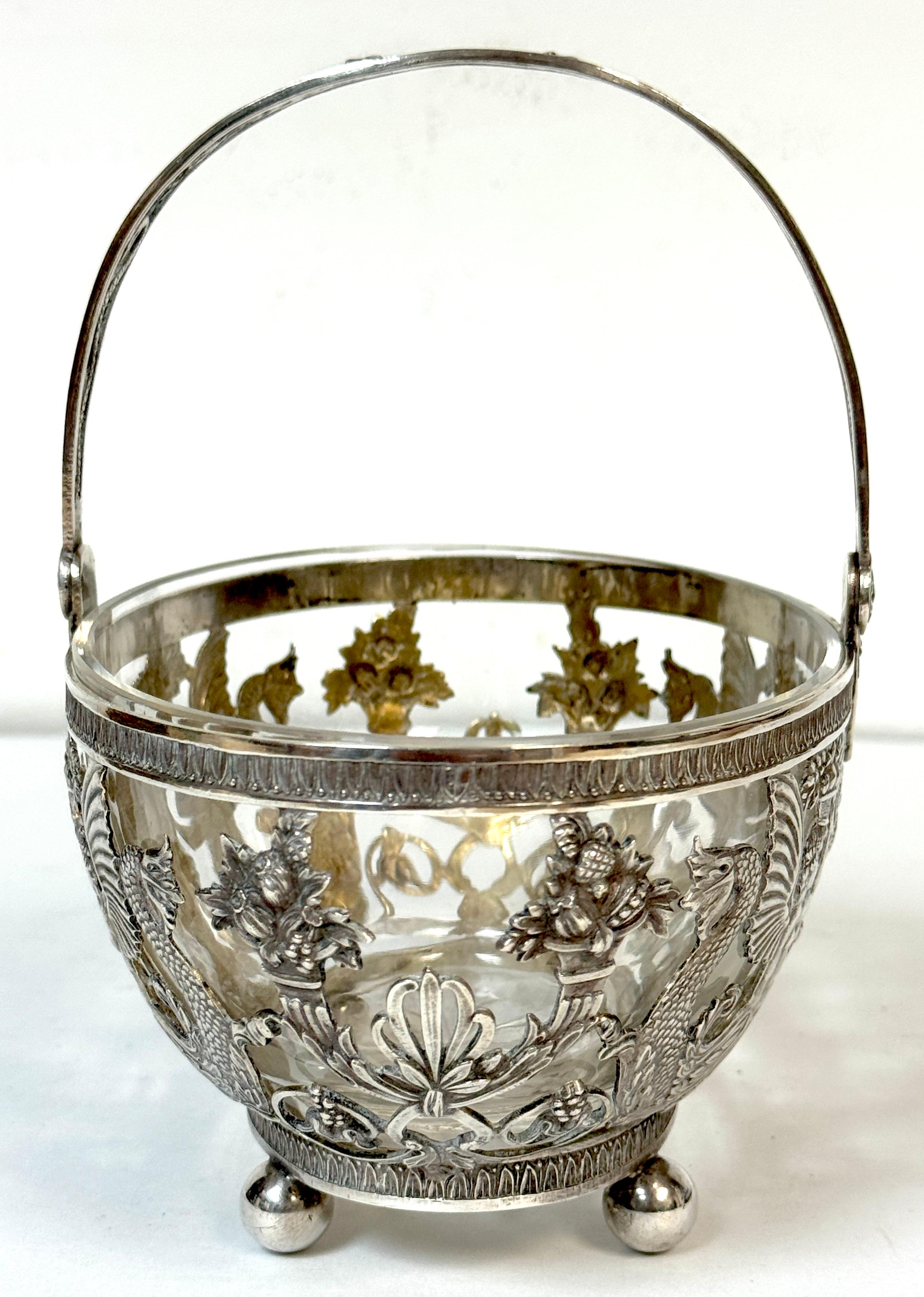 Sterling Silver Empire Style Silver & Crystal Swing-Handle Basket /Sphinx Decoration, C. 1820 For Sale
