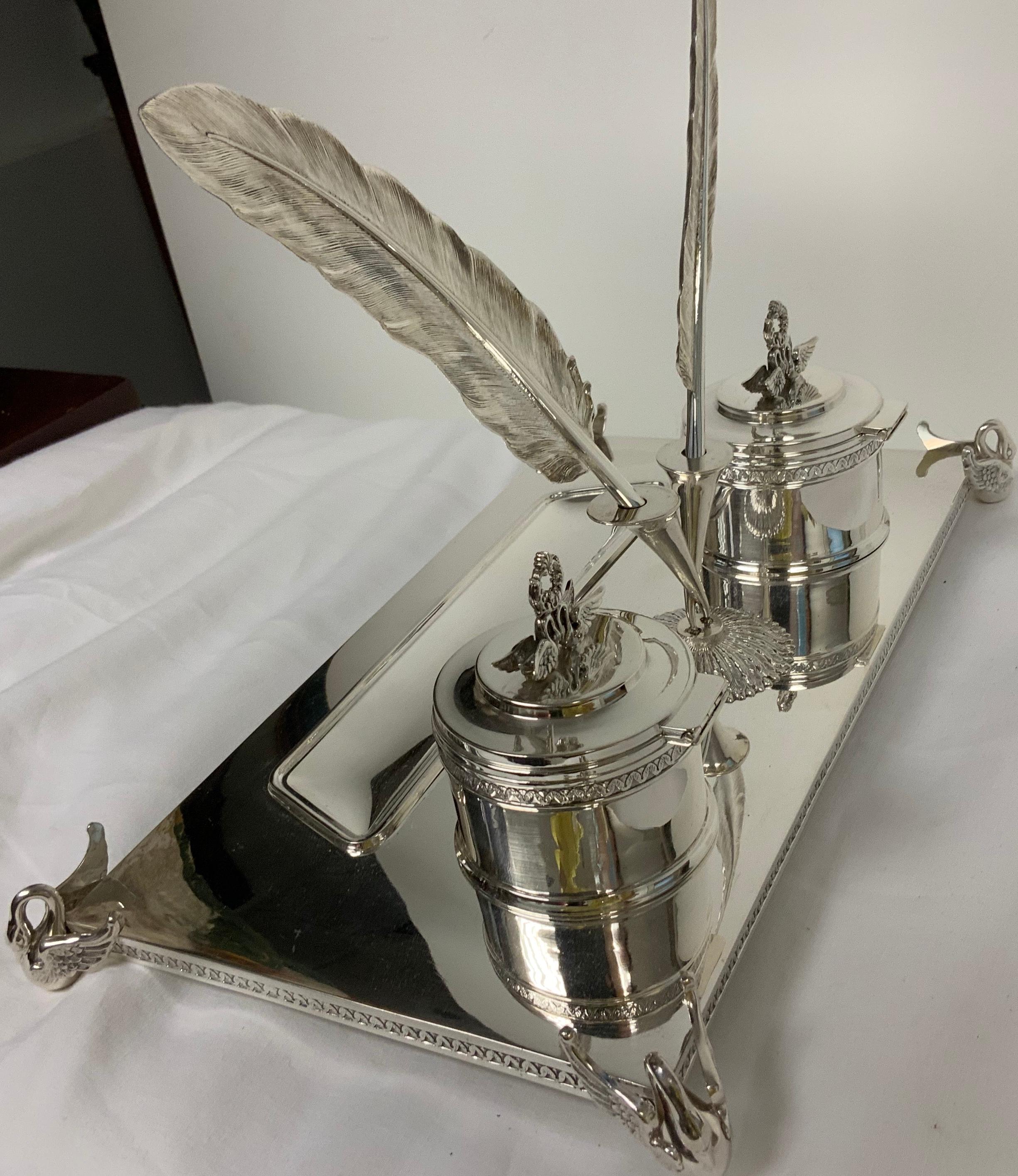 Spanish Empire Style Silver Double Inkwells Tray/Inkstand
