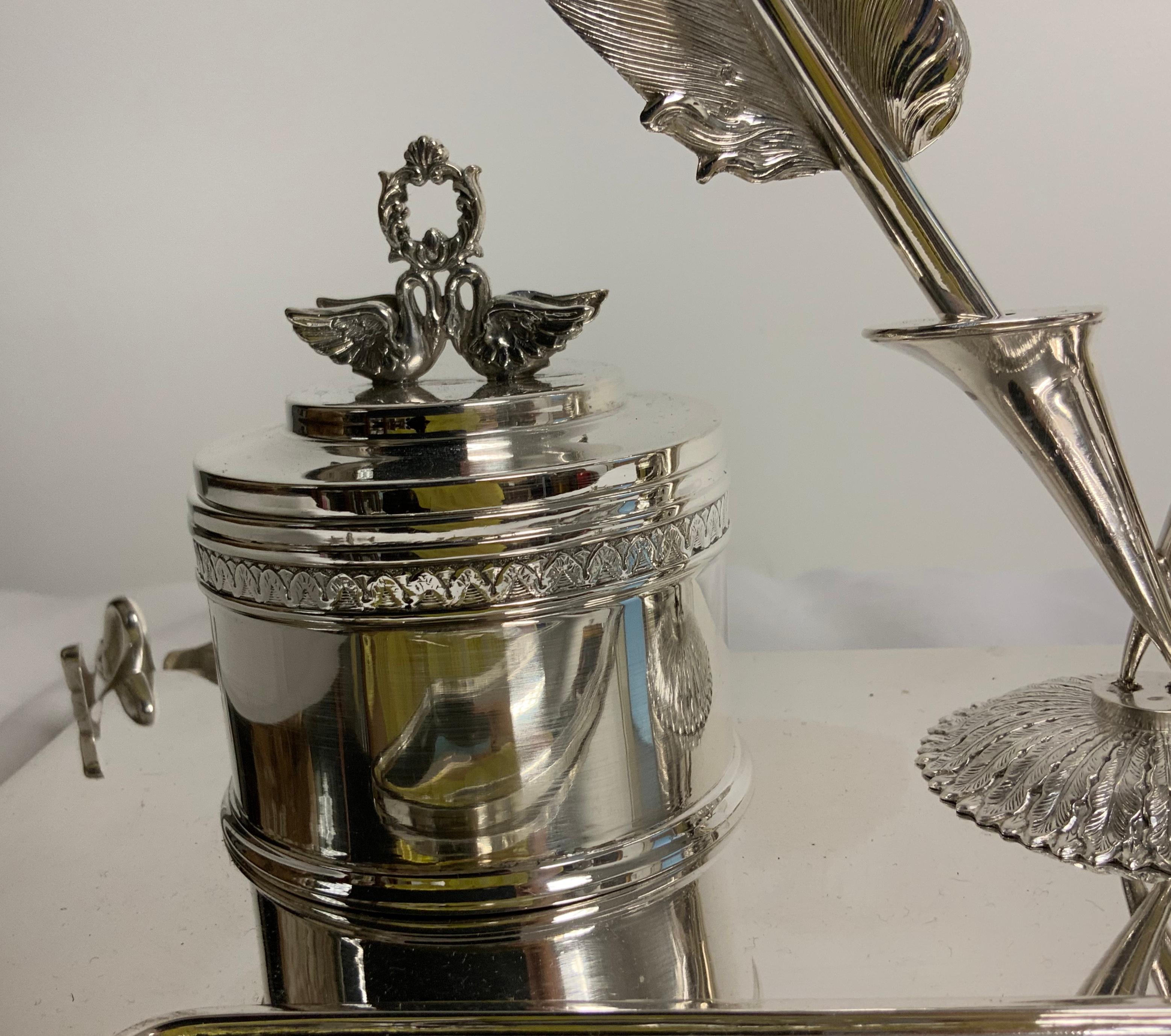 Embossed Empire Style Silver Double Inkwells Tray/Inkstand