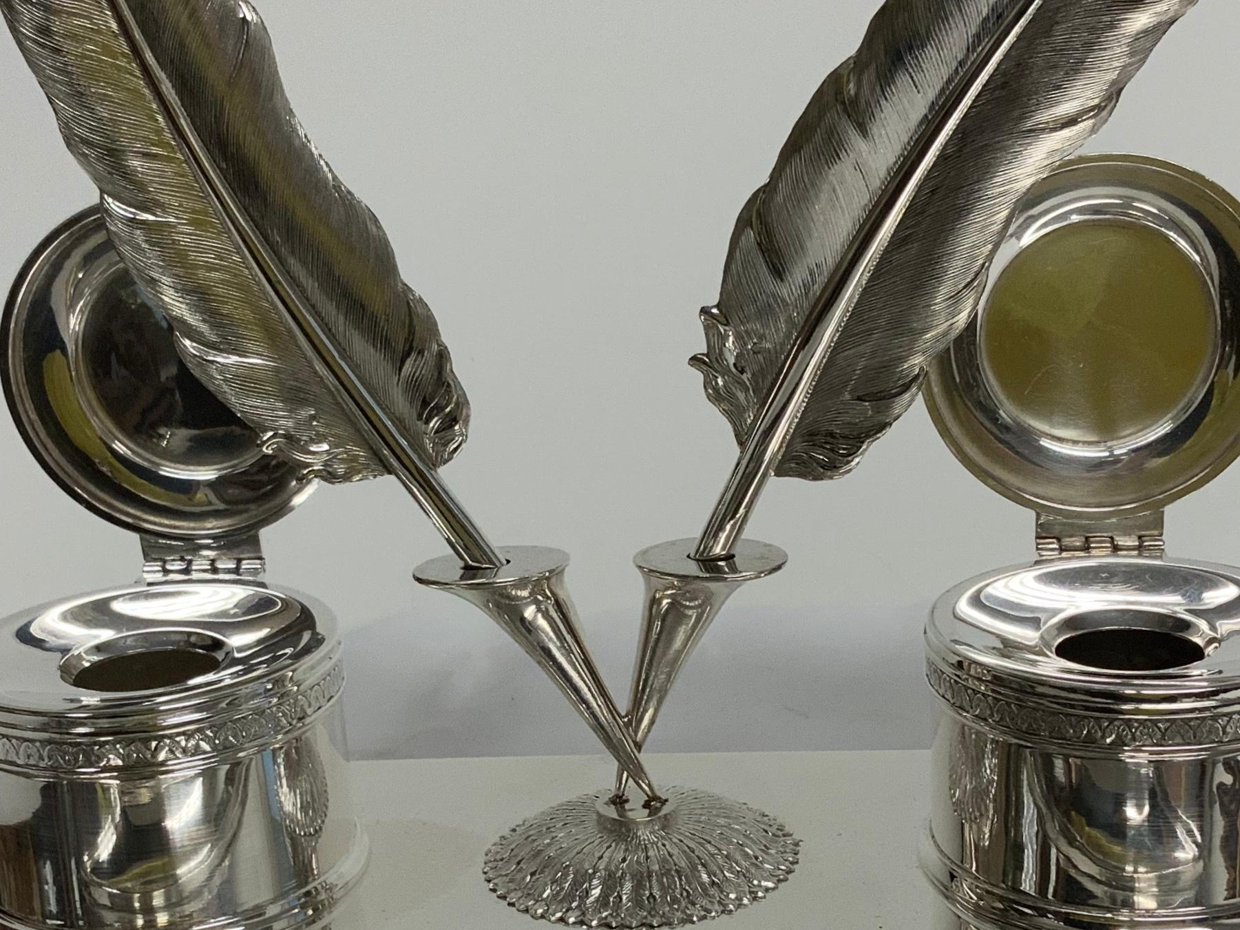 20th Century Empire Style Silver Double Inkwells Tray/Inkstand