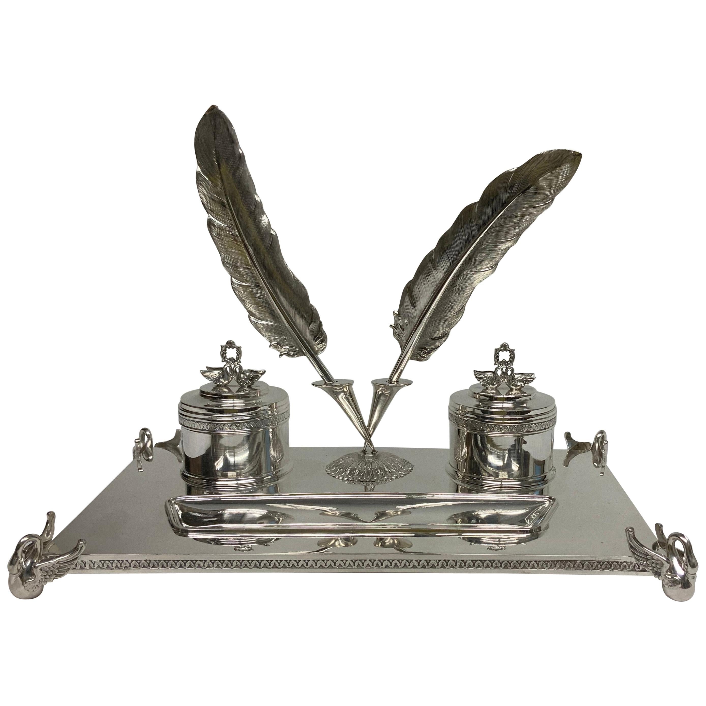 Empire Style Silver Double Inkwells Tray/Inkstand