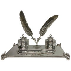 Antique Empire Style Silver Double Inkwells Tray/Inkstand