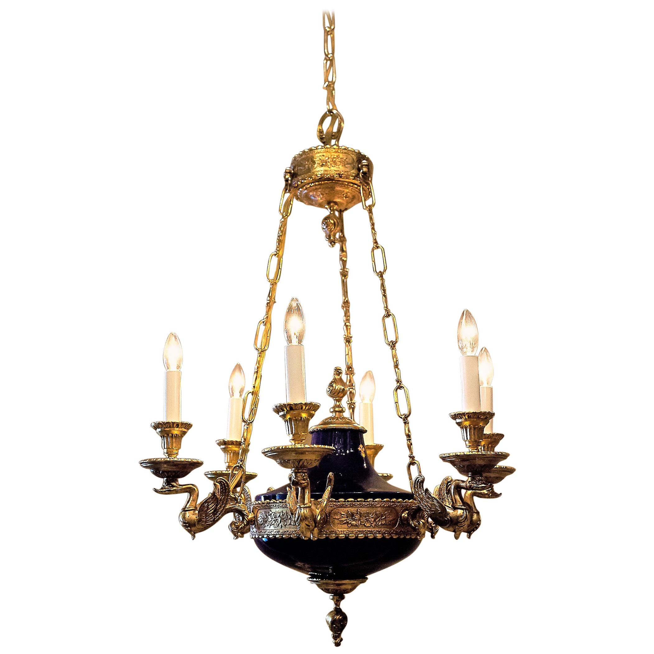 Empire Style Six-Light Cobalt and Gold Chandelier