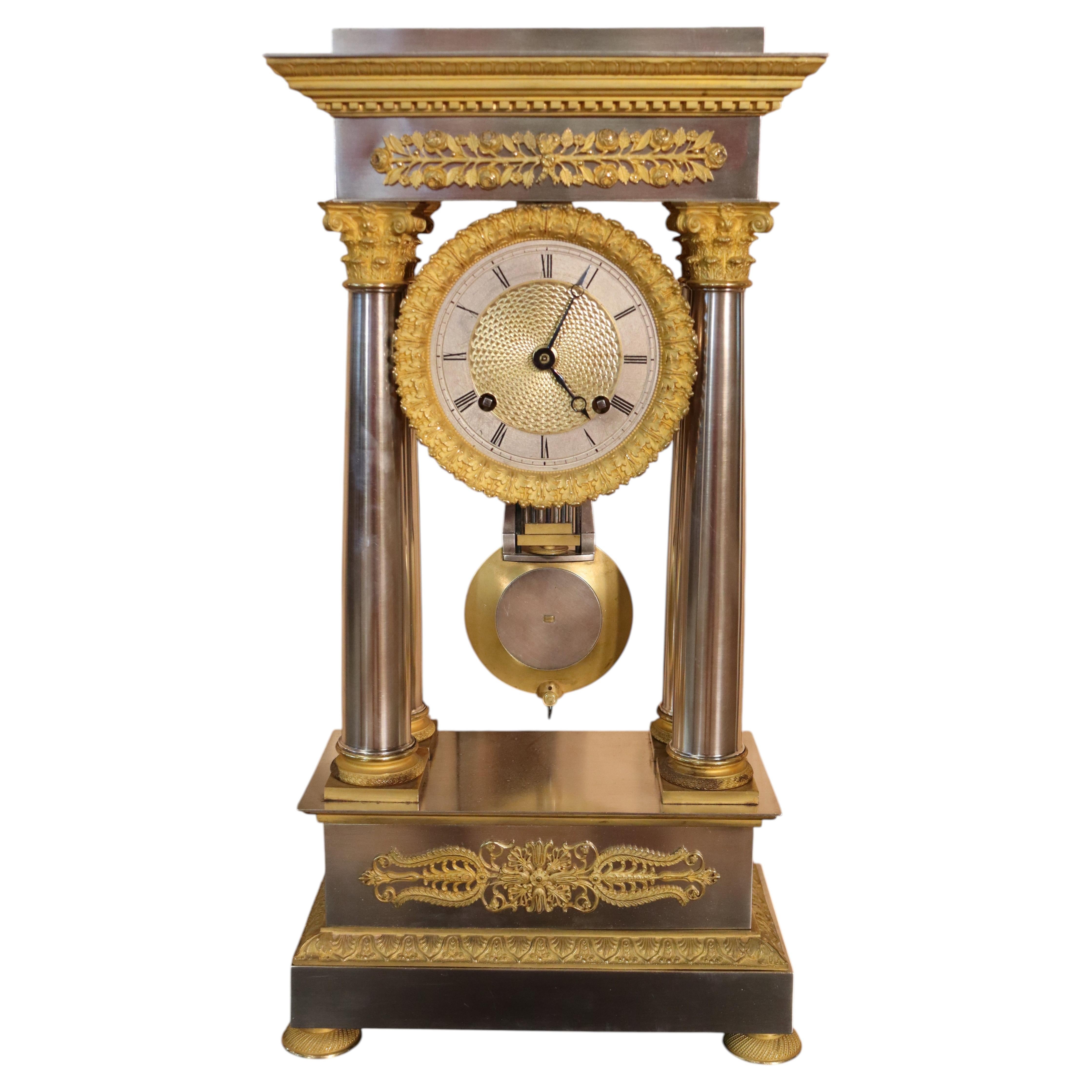 Empire Style Solid Silver Column Clock For Sale