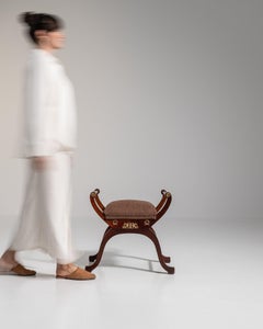 Empire-Style Stool, Brown Wood and Fabric, Early 20th Century, France