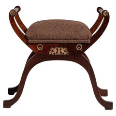 Empire-Style Stool, Brown Wood and Fabric, Early 20th Century, France