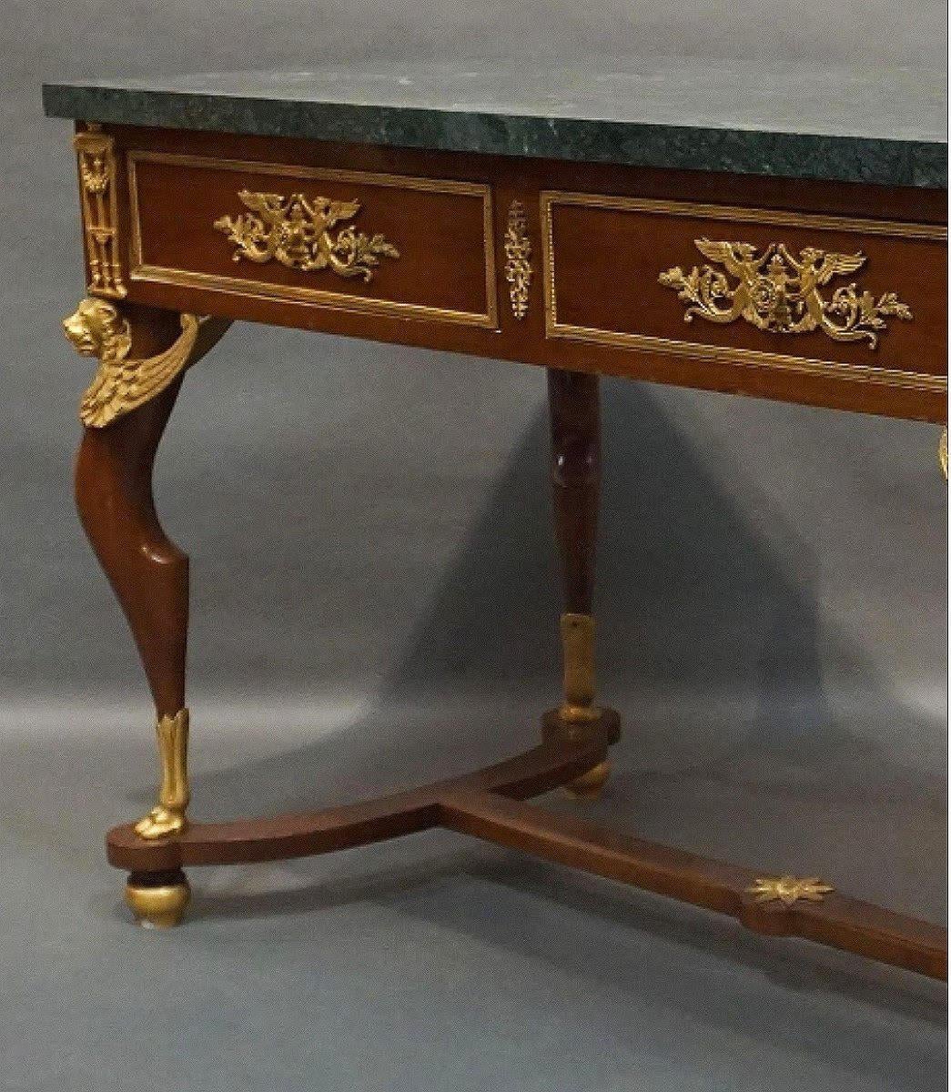 Tisch im Empire-Stil, Schreibtisch aus vergoldeter Bronze, Mahagoni und Marmor. 1