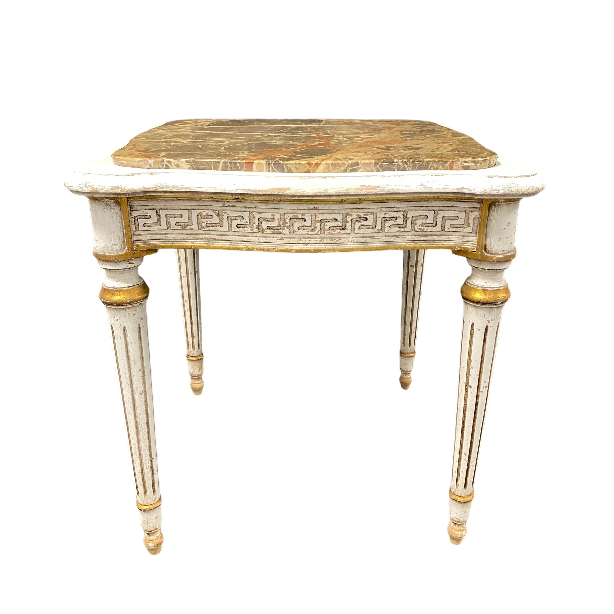 Empire Style Table, Shabby Chic, Chippy White and Gold, Marble Top, 1950s For Sale 1