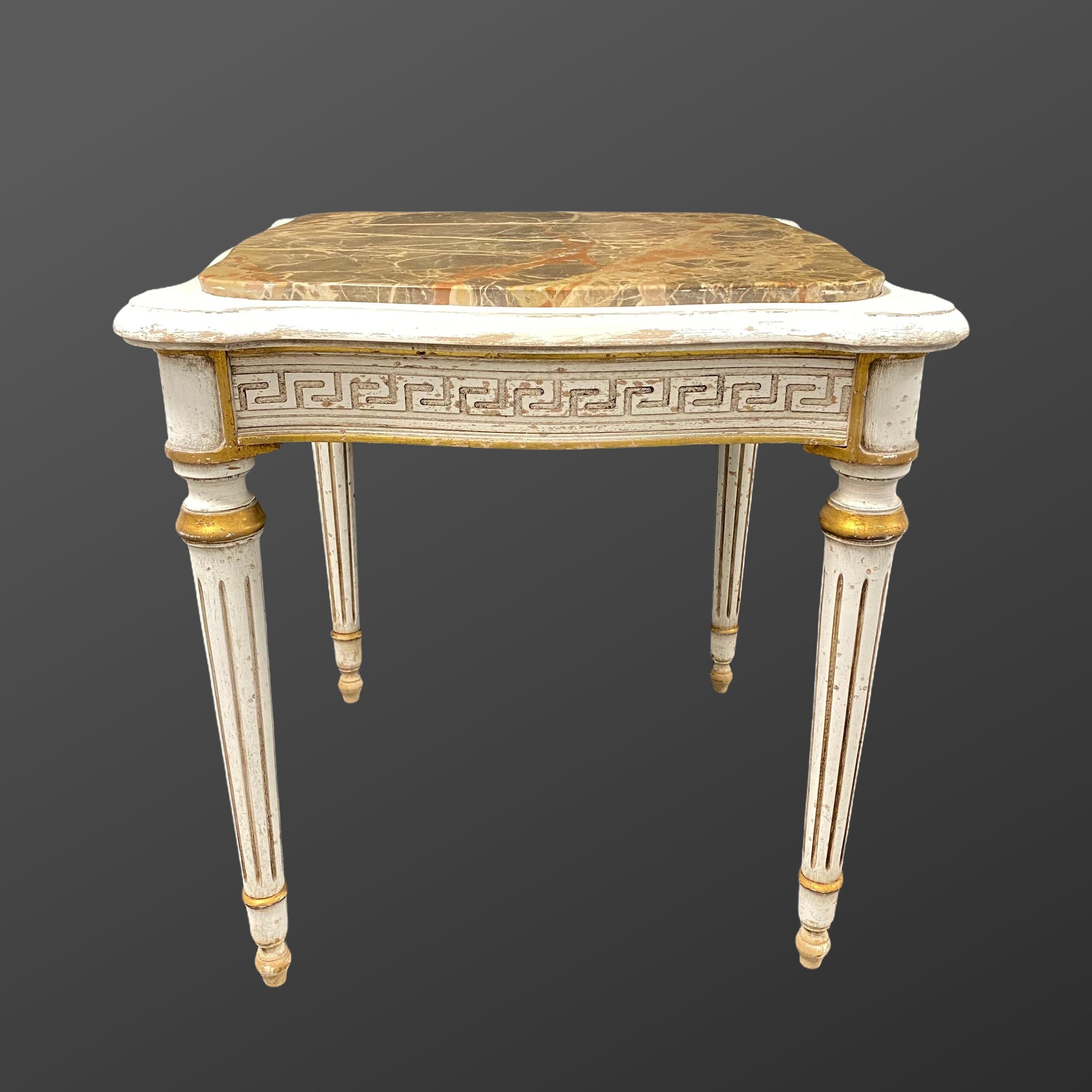 Empire Style Table, Shabby Chic, Chippy White and Gold, Marble Top, 1950s For Sale 5