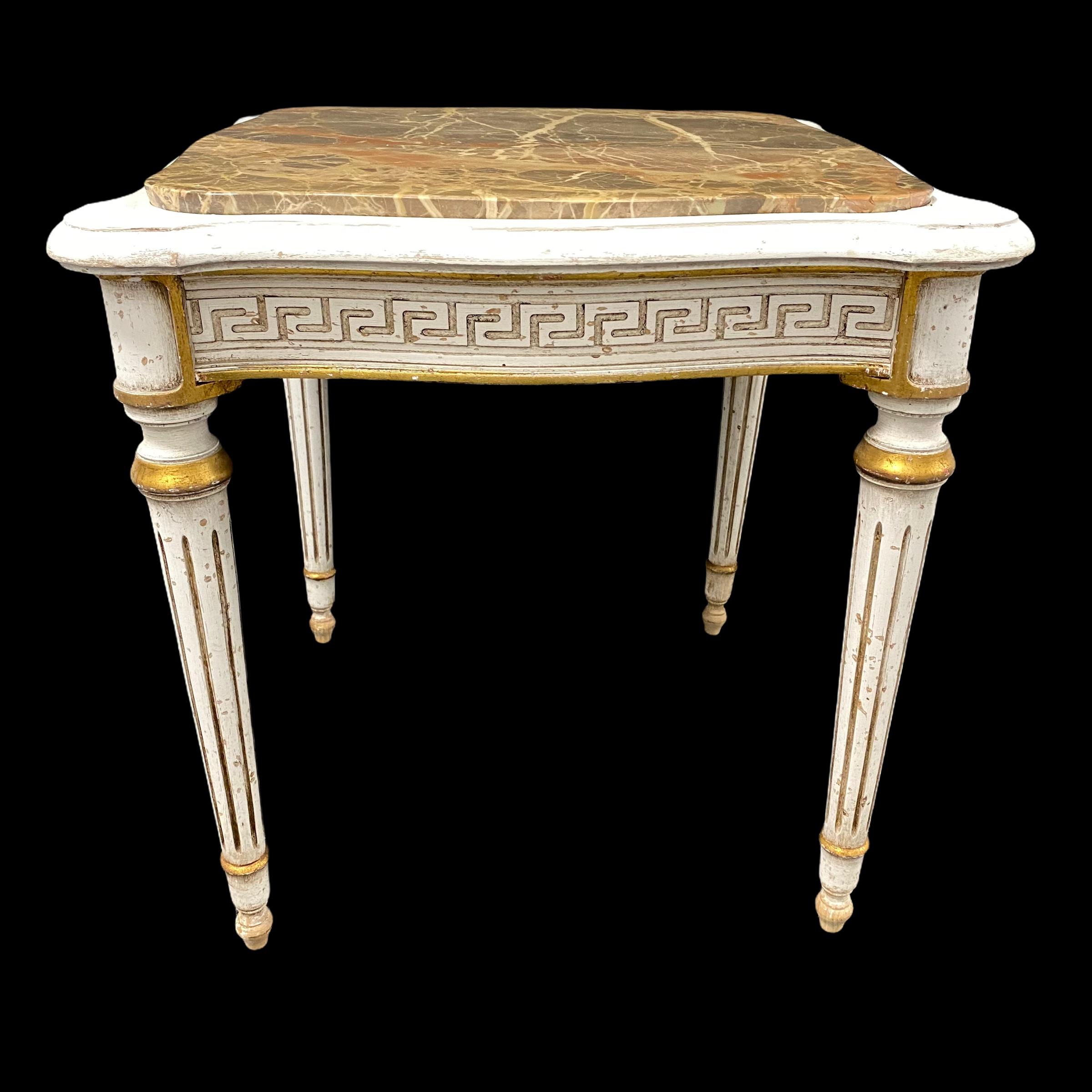 Empire Style Table, Shabby Chic, Chippy White and Gold, Marble Top, 1950s For Sale 6