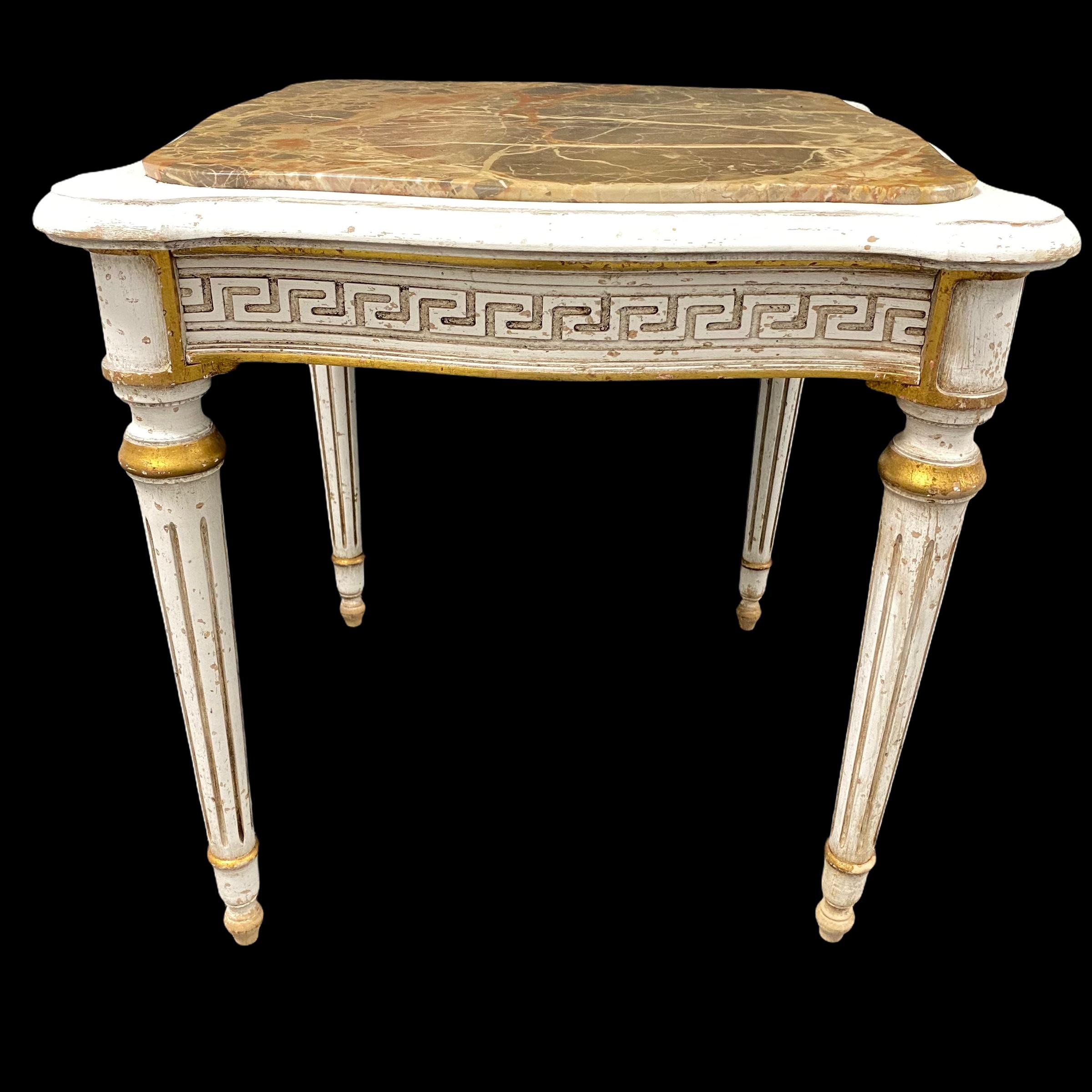 Empire Style Table, Shabby Chic, Chippy White and Gold, Marble Top, 1950s For Sale 7