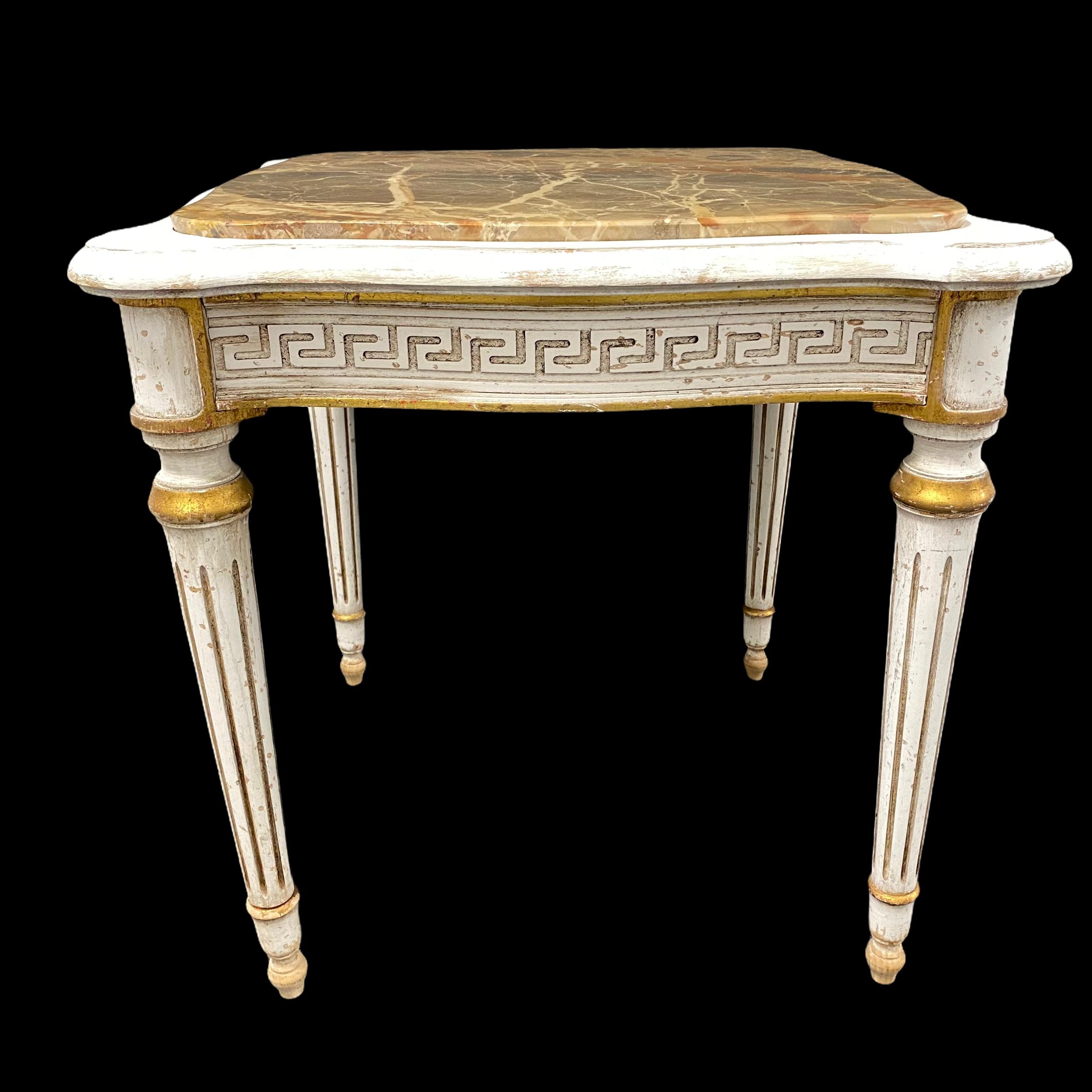 Empire Style Table, Shabby Chic, Chippy White and Gold, Marble Top, 1950s For Sale 8
