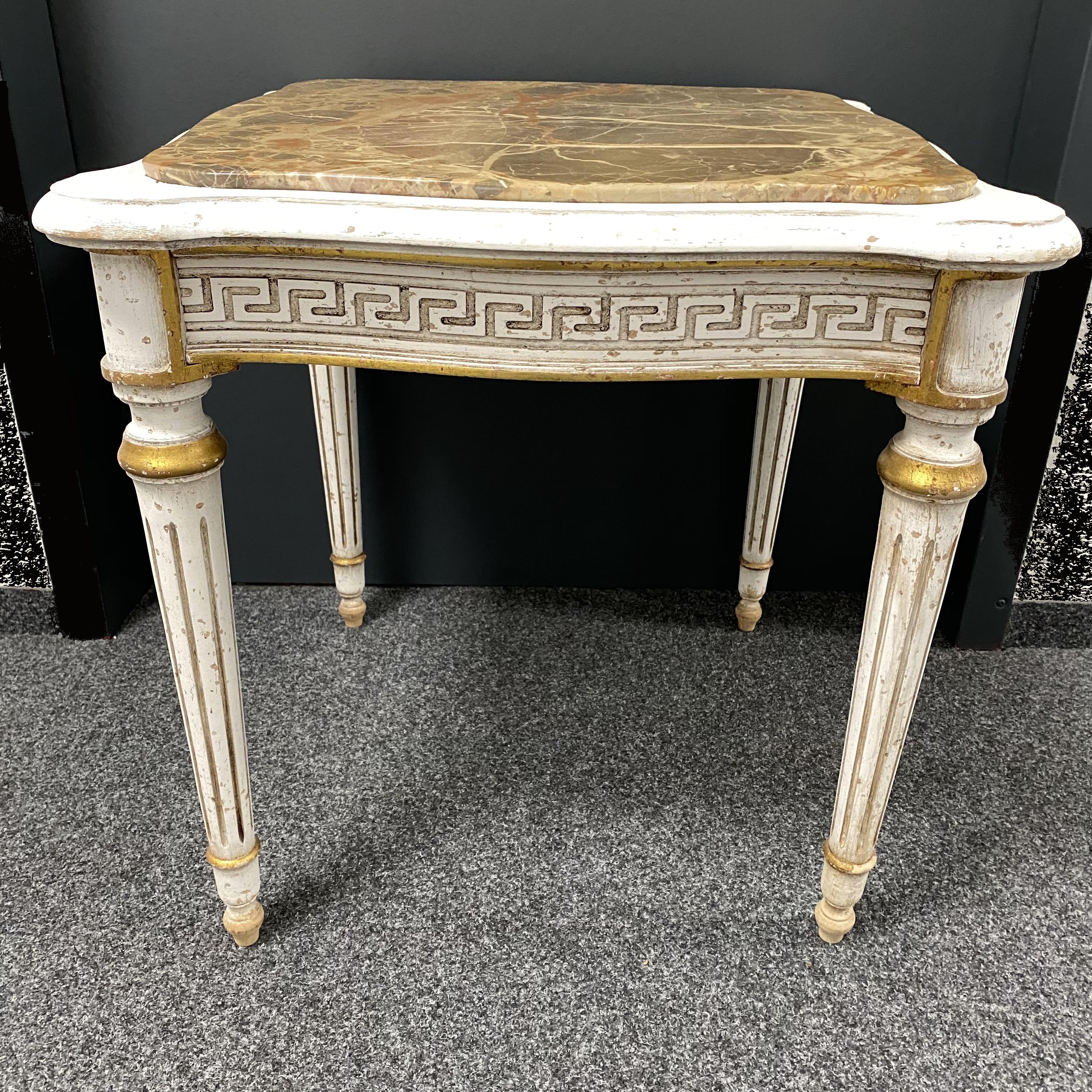 Louis XVI Empire Style Table, Shabby Chic, Chippy White and Gold, Marble Top, 1950s For Sale