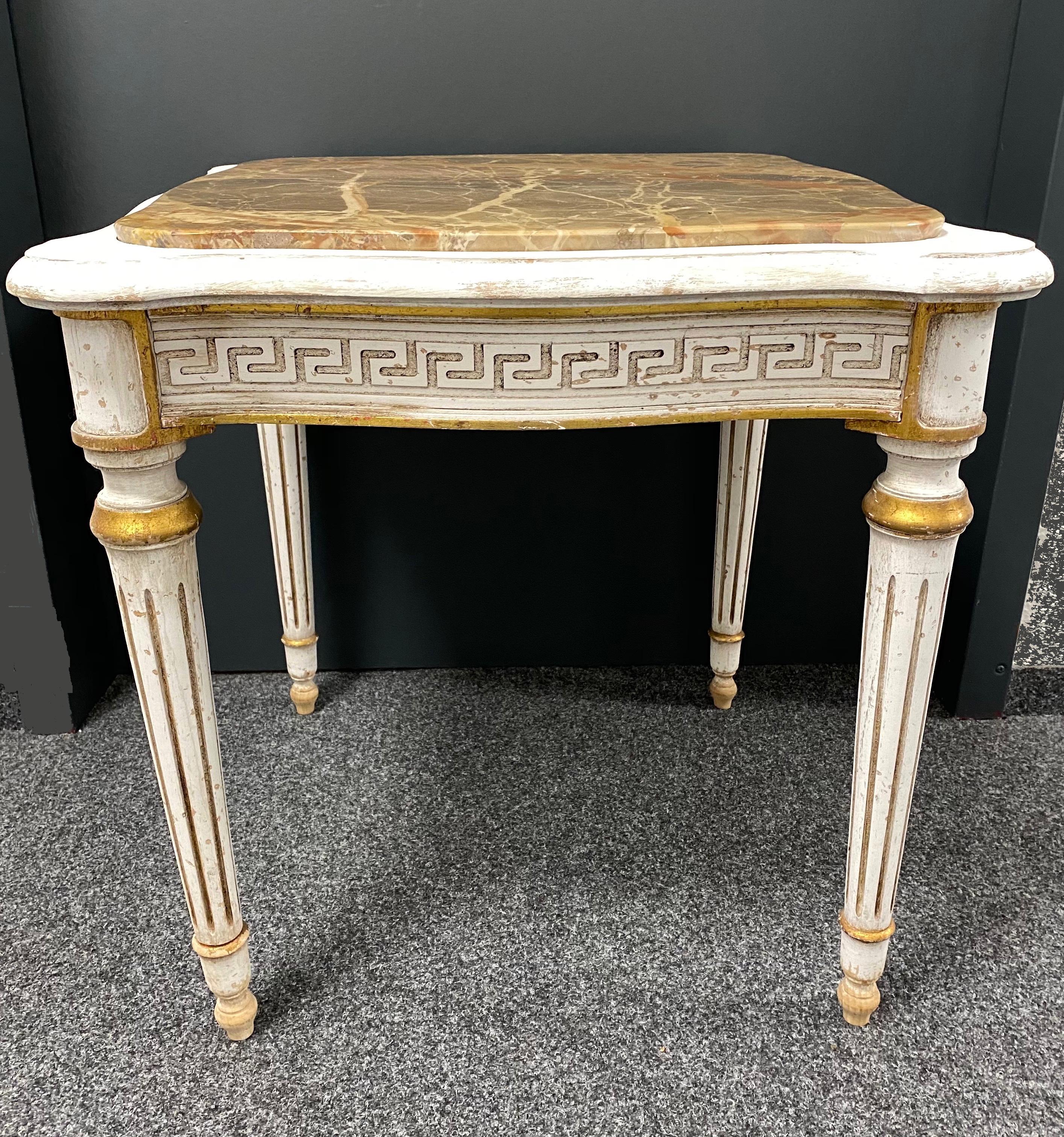 German Empire Style Table, Shabby Chic, Chippy White and Gold, Marble Top, 1950s For Sale