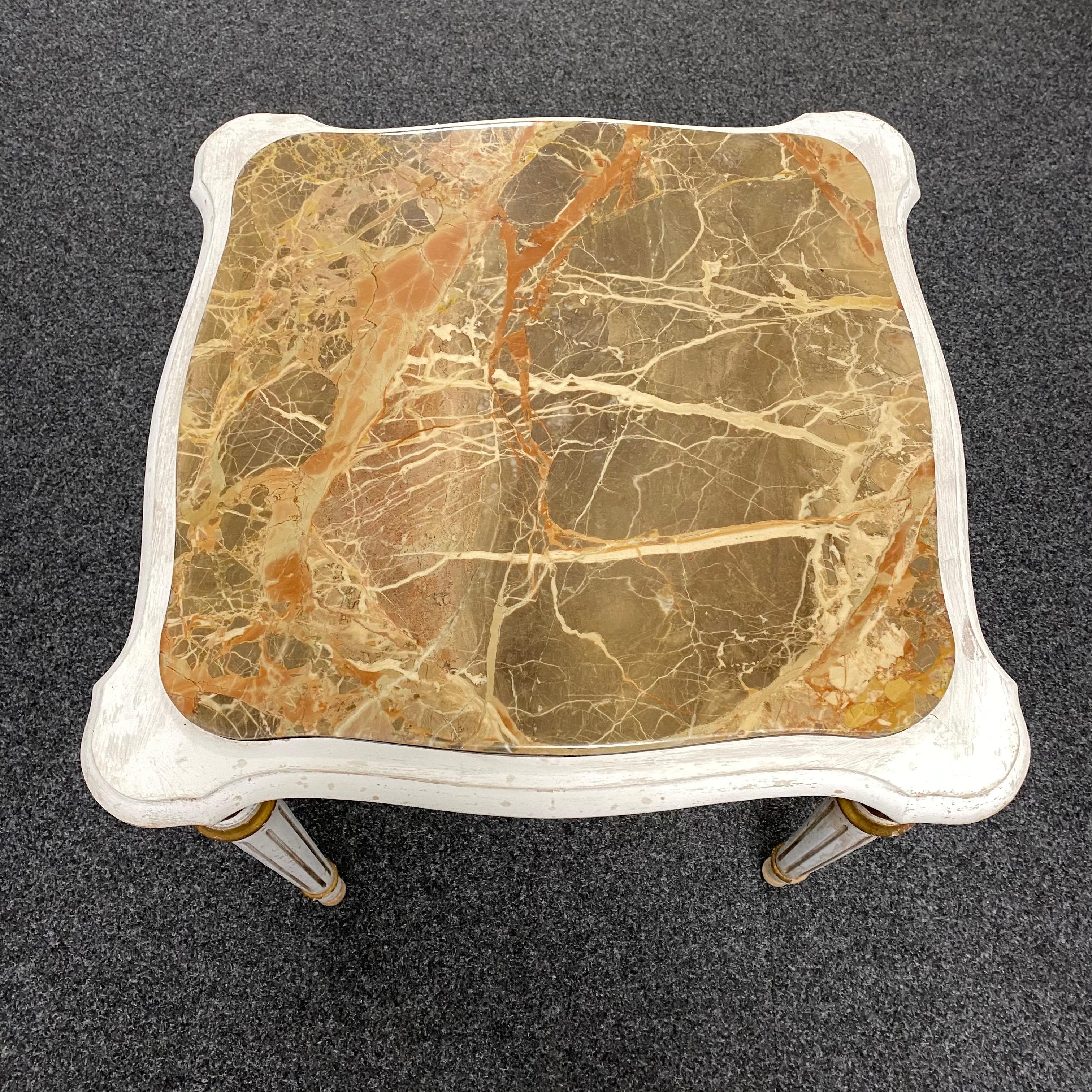 Mid-20th Century Empire Style Table, Shabby Chic, Chippy White and Gold, Marble Top, 1950s For Sale