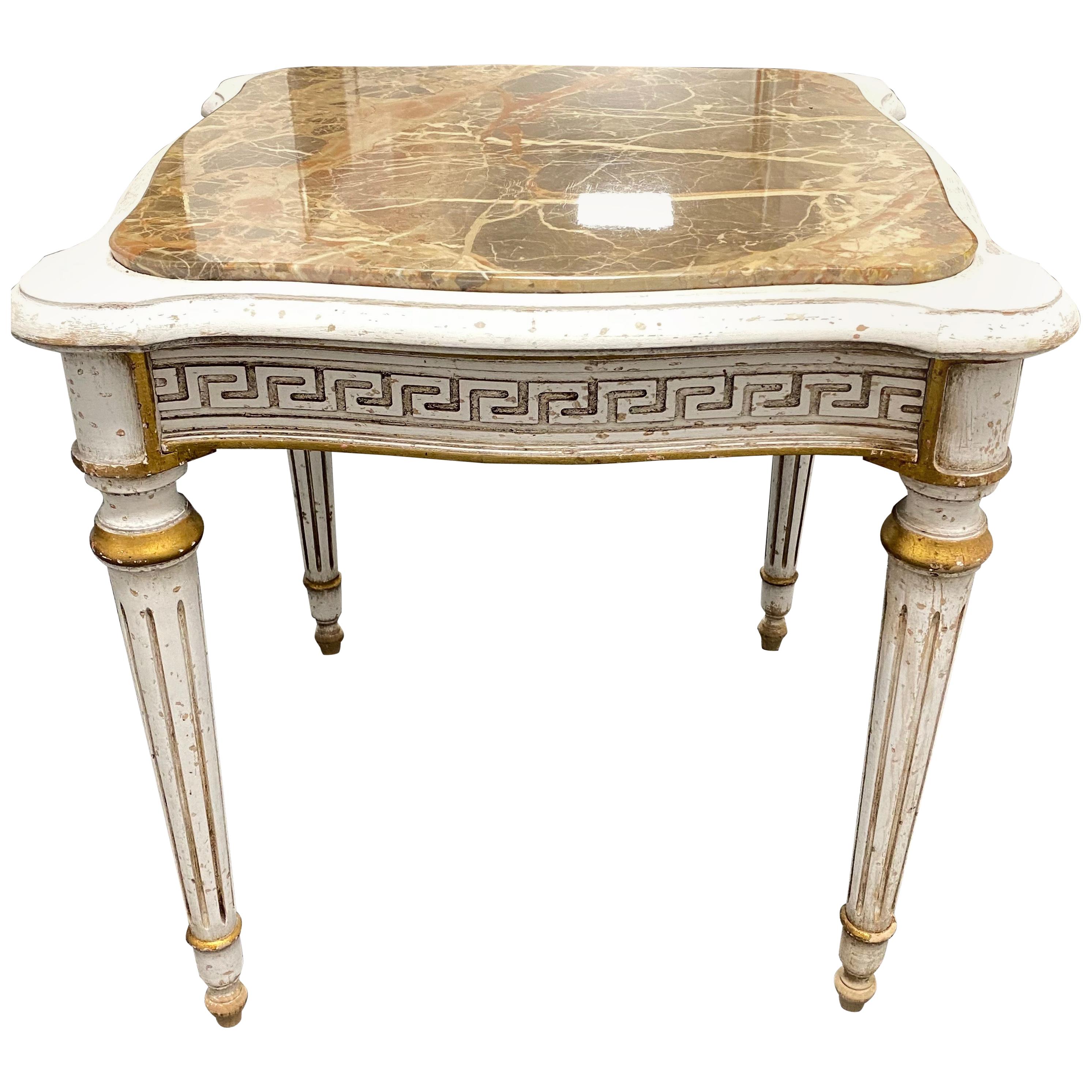 Empire Style Table, Shabby Chic, Chippy White and Gold, Marble Top, 1950s For Sale