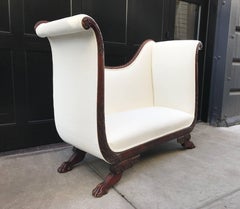 Empire Style Tall Back Loveseat with Carved Mahogany Base