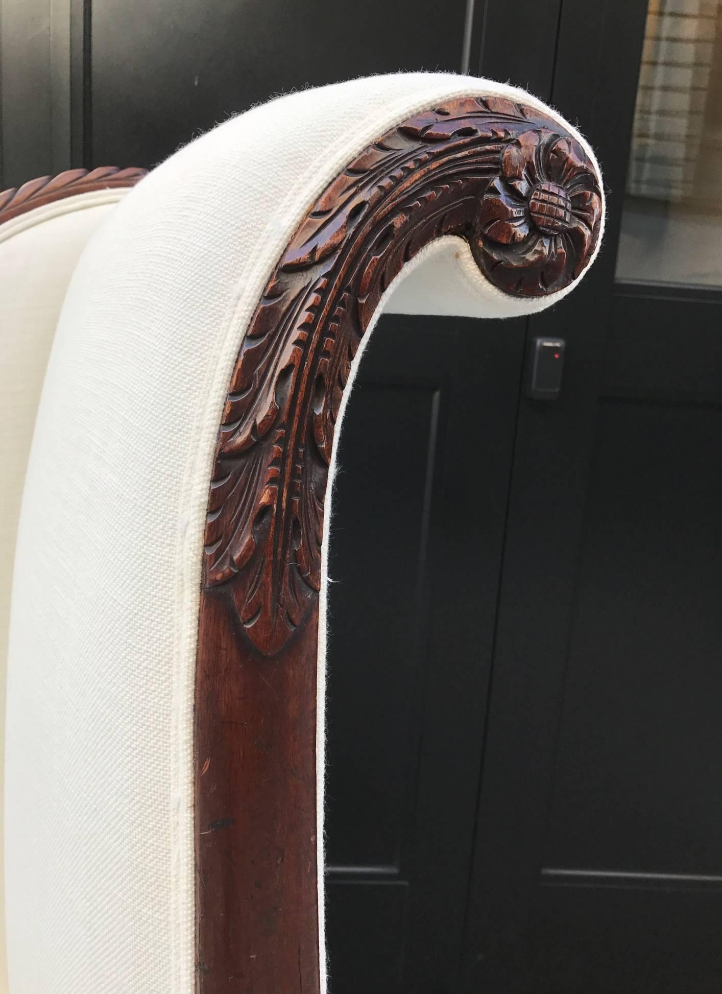 Empire Style Tall Back Loveseat with Carved Mahogany Base In Good Condition For Sale In New York, NY