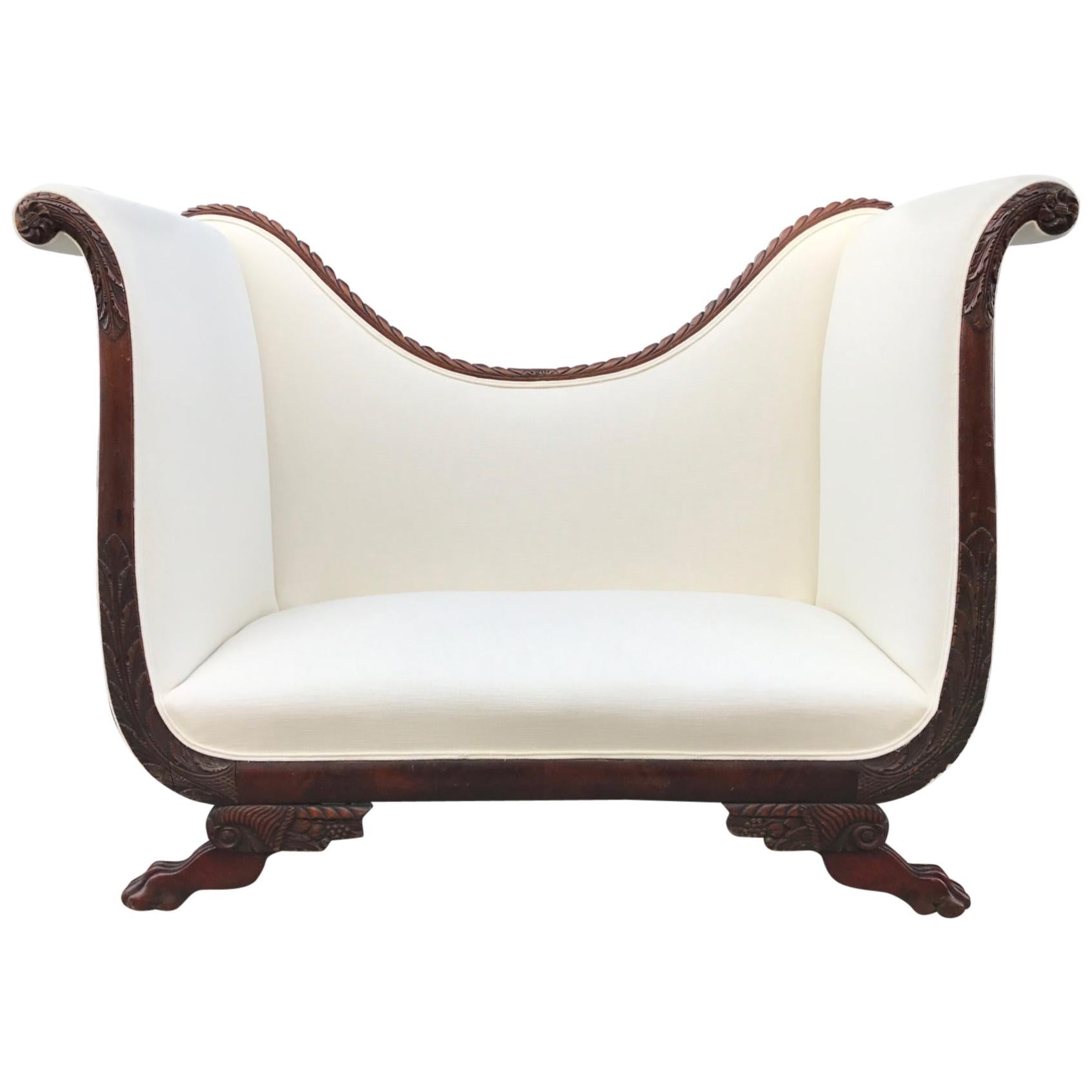 Empire Style Tall Back Loveseat with Carved Mahogany Base For Sale