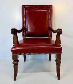 Empire Style Throne Armchair in Red Leather and Beechwood with Bronze Studs