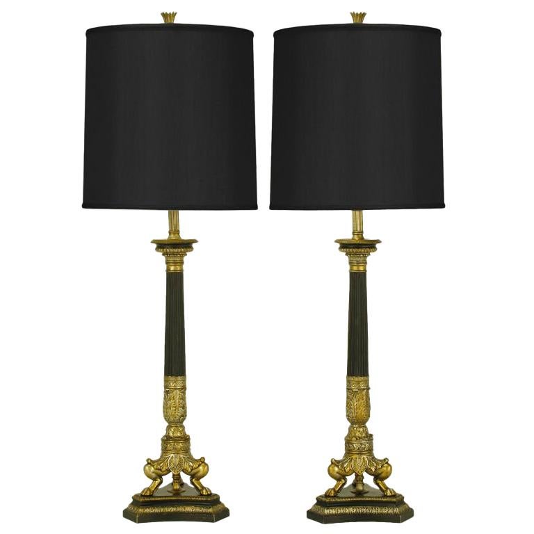 Empire Style Triple Lion Paw Gilt & Black Lacquer Table Lamps