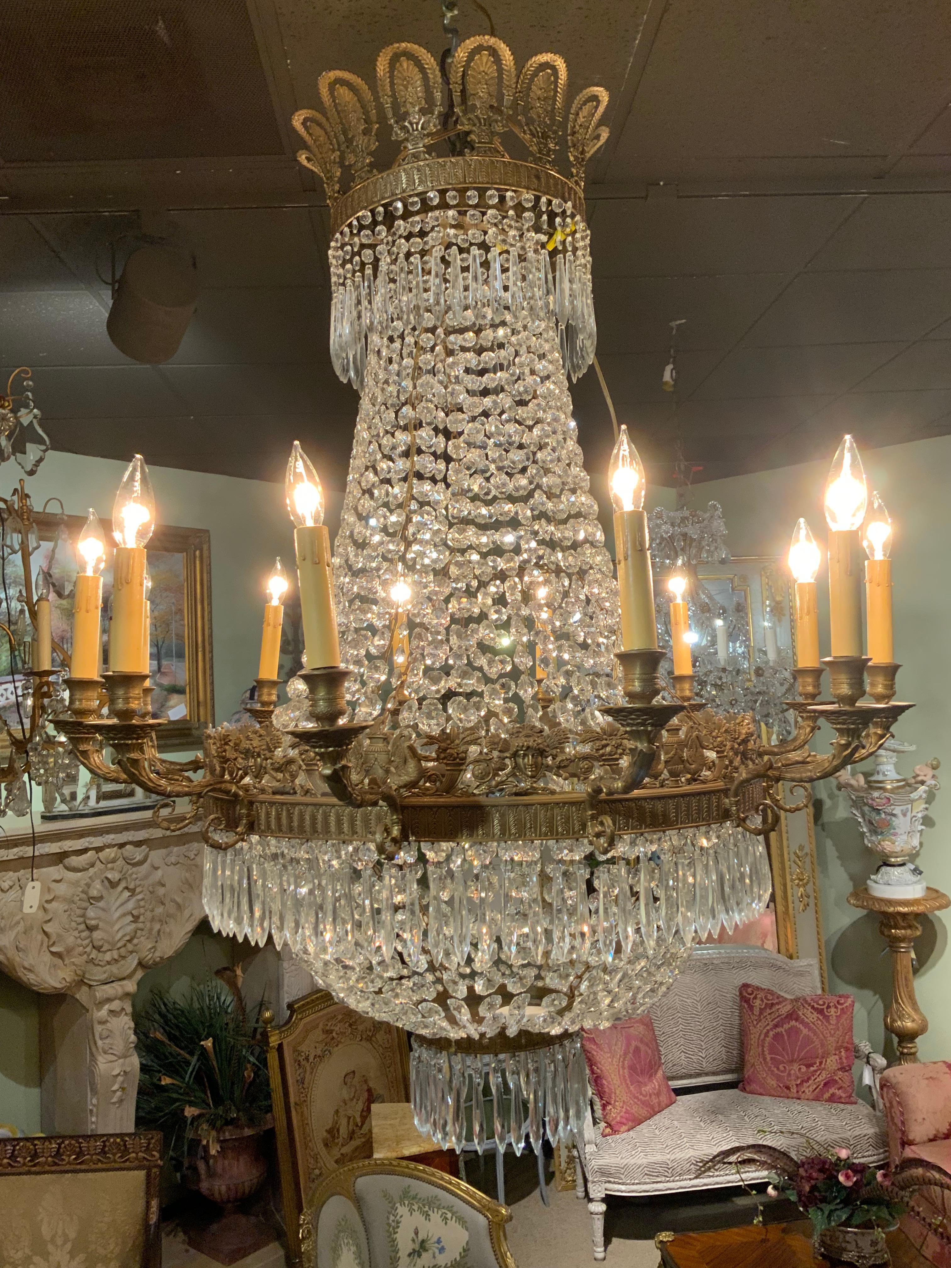 Empire style twelve light crystal and bronze antique chandelier  1