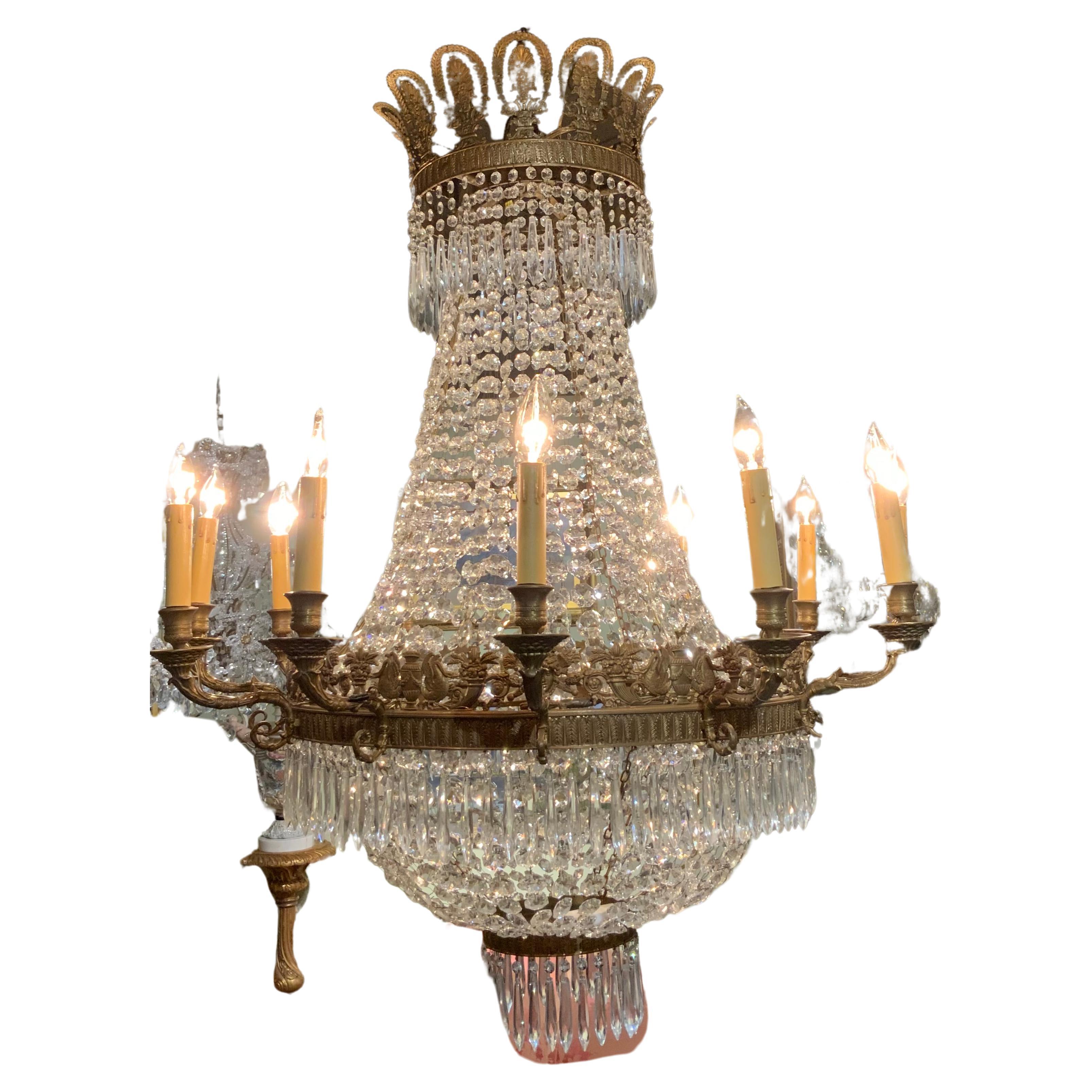 Empire style twelve light crystal and bronze antique chandelier  For Sale